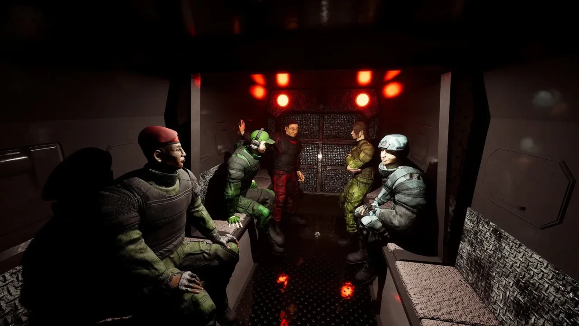 Five Codename CURE II soldiers sit and stand inside a transport vehicle under red emergency lights.