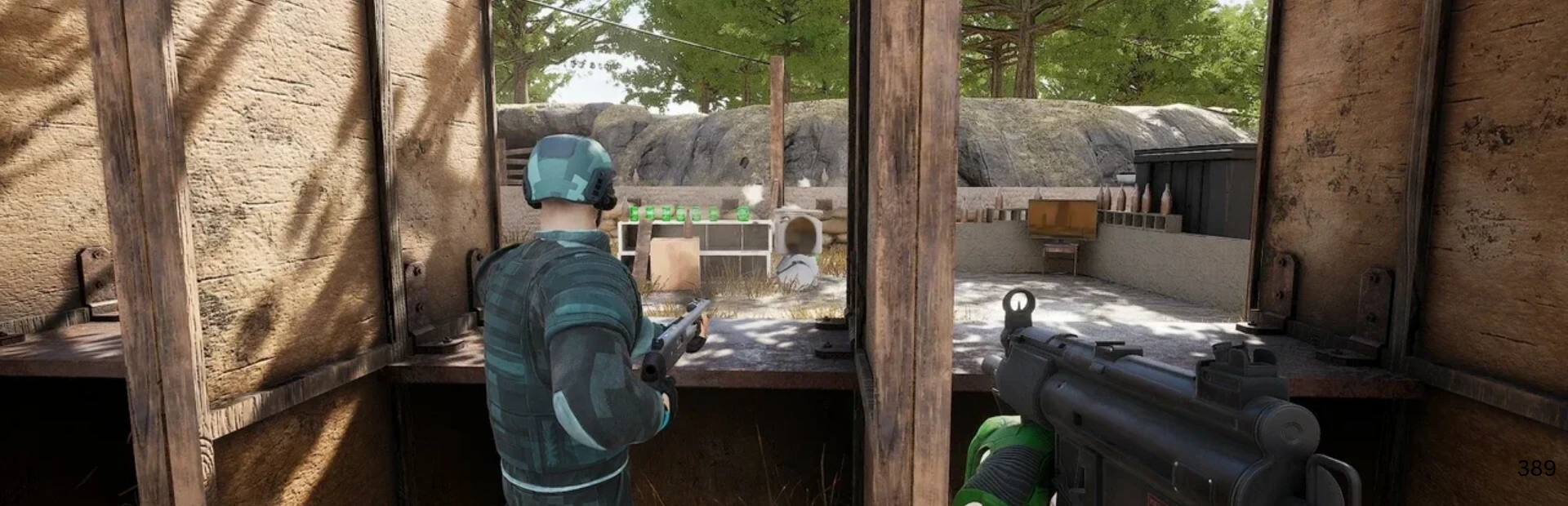Two Codename CURE II players fire weapons from cover at an outdoor shooting range.