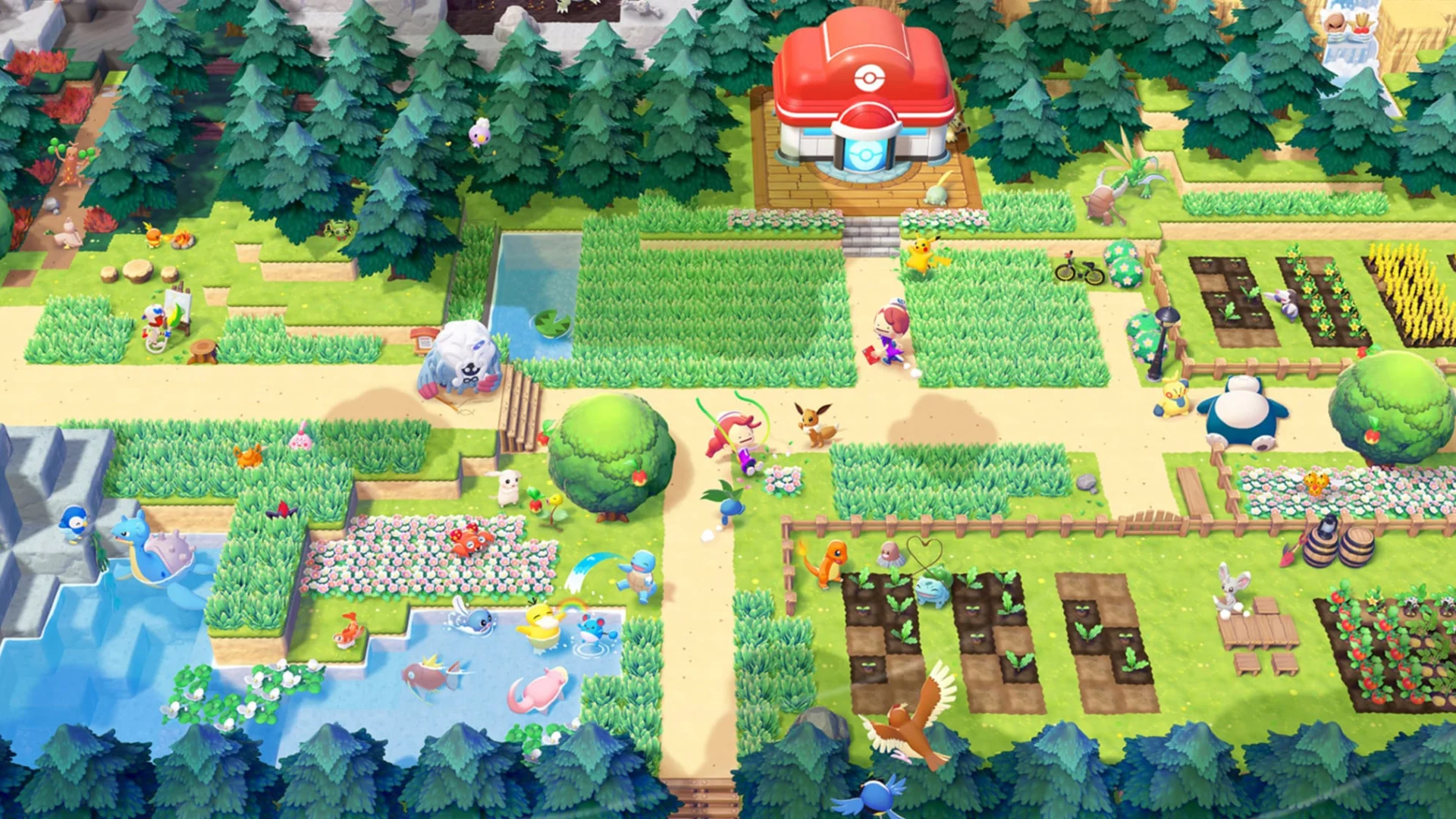 Pokémon GO trainers walk alongside Dragonite, Venusaur, Pikachu, Lapras, Charizard and other Pokémon.