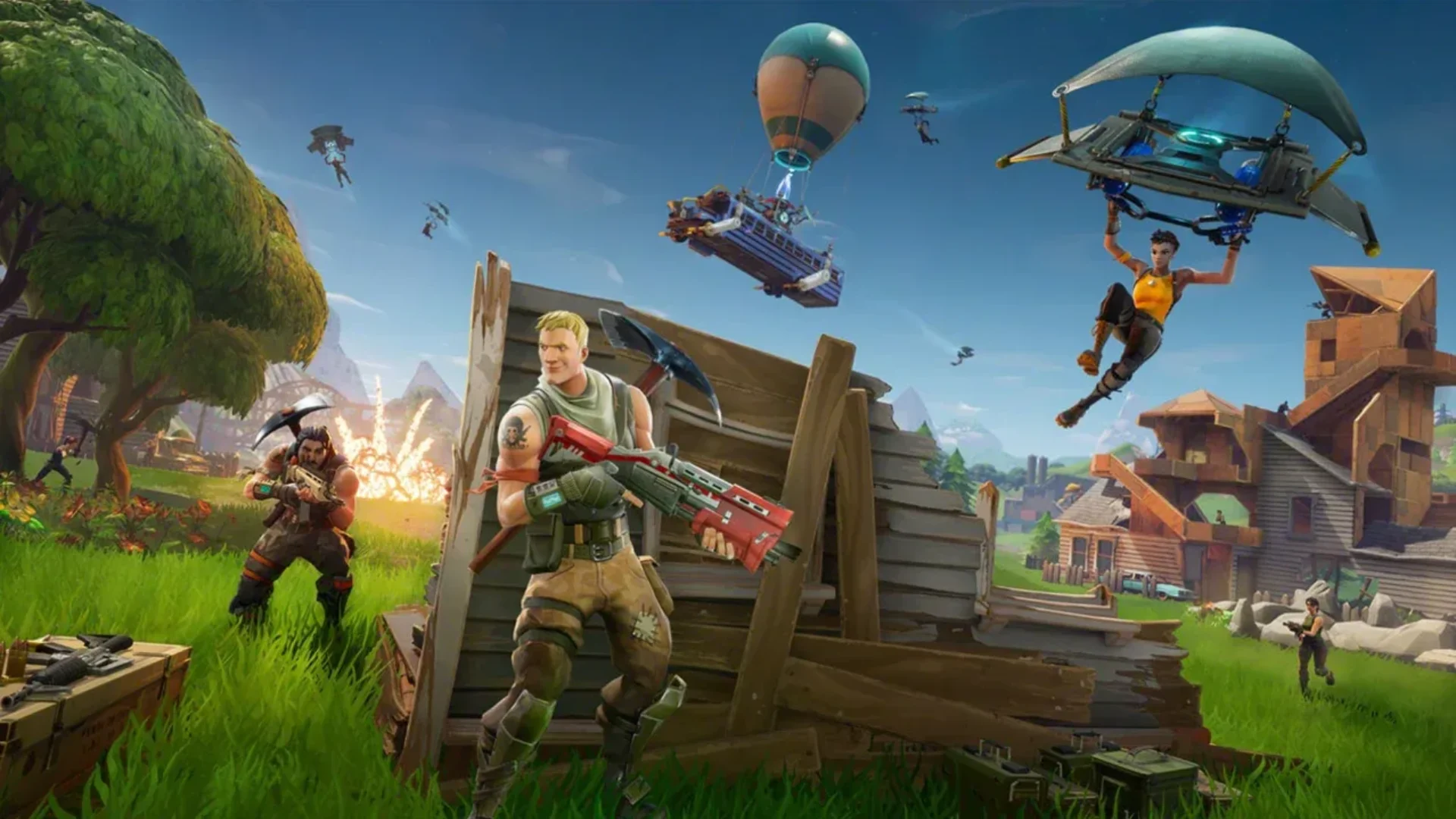 Fortnite characters battle near wooden structures while another player descends with a glider beneath the Battle Bus.