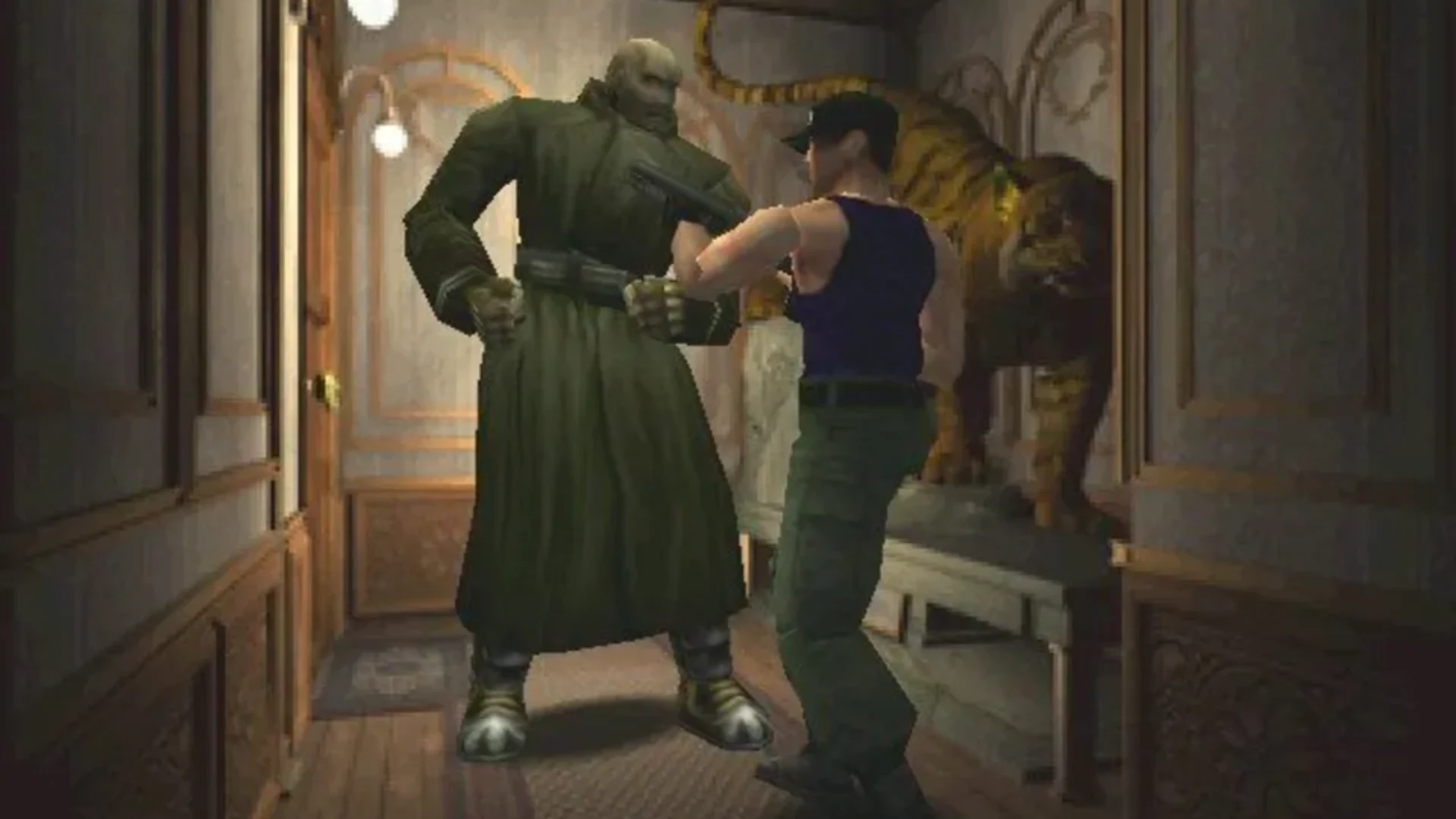 Claire Redfield confronts Mr. X while a Licker crawls across the wall inside the police station.