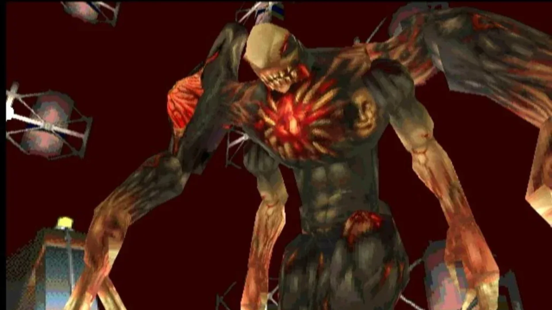 William Birkin appears in a heavily mutated form with enlarged limbs and an exposed glowing chest.