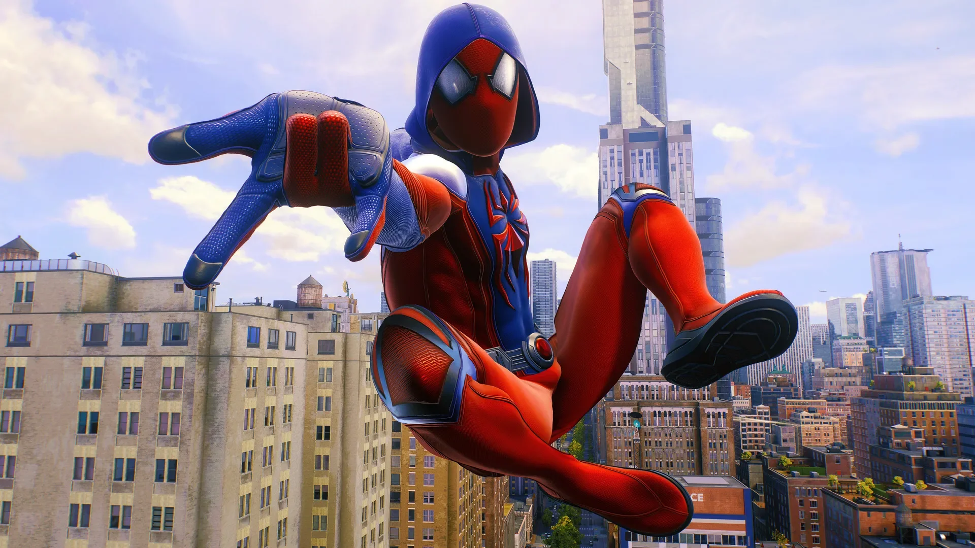 Peter Parker poses above New York in a red and blue cel-shaded Spider-Man suit.