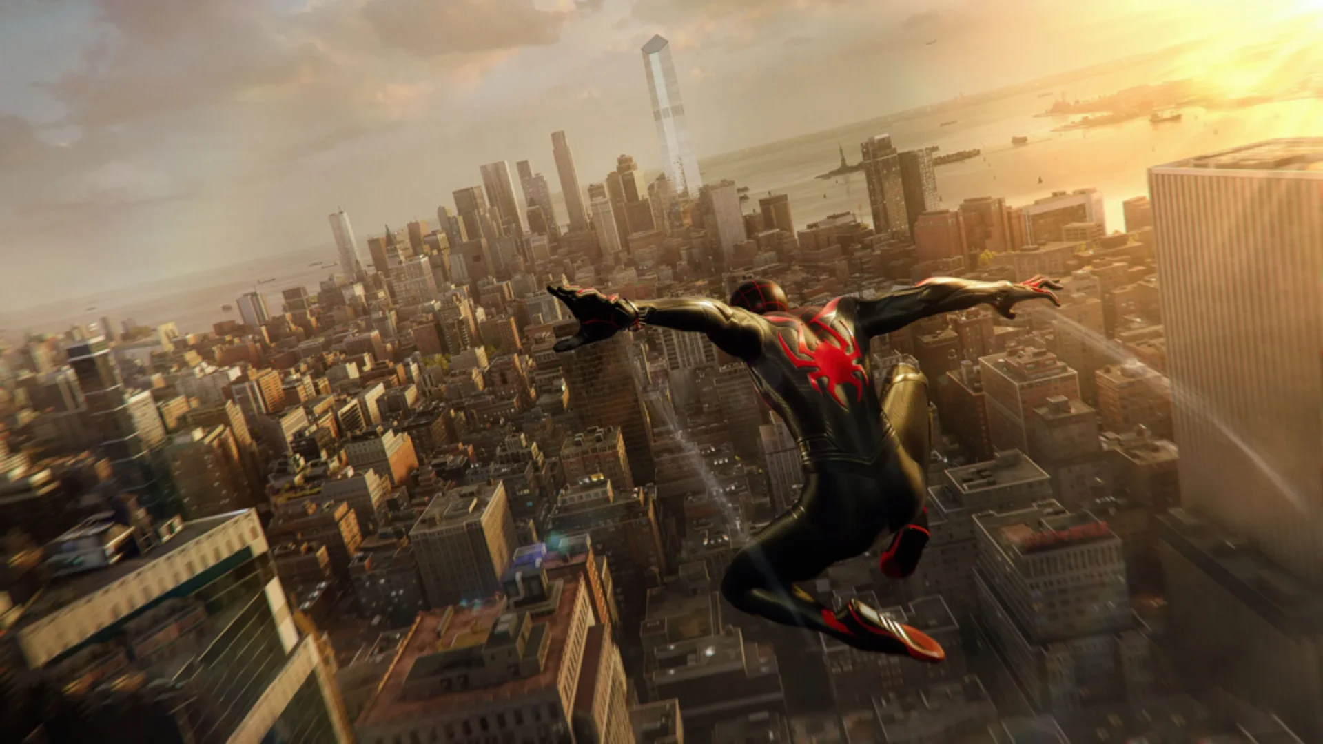 Miles Morales dives above the New York skyline in his black and red Spider-Man suit.
