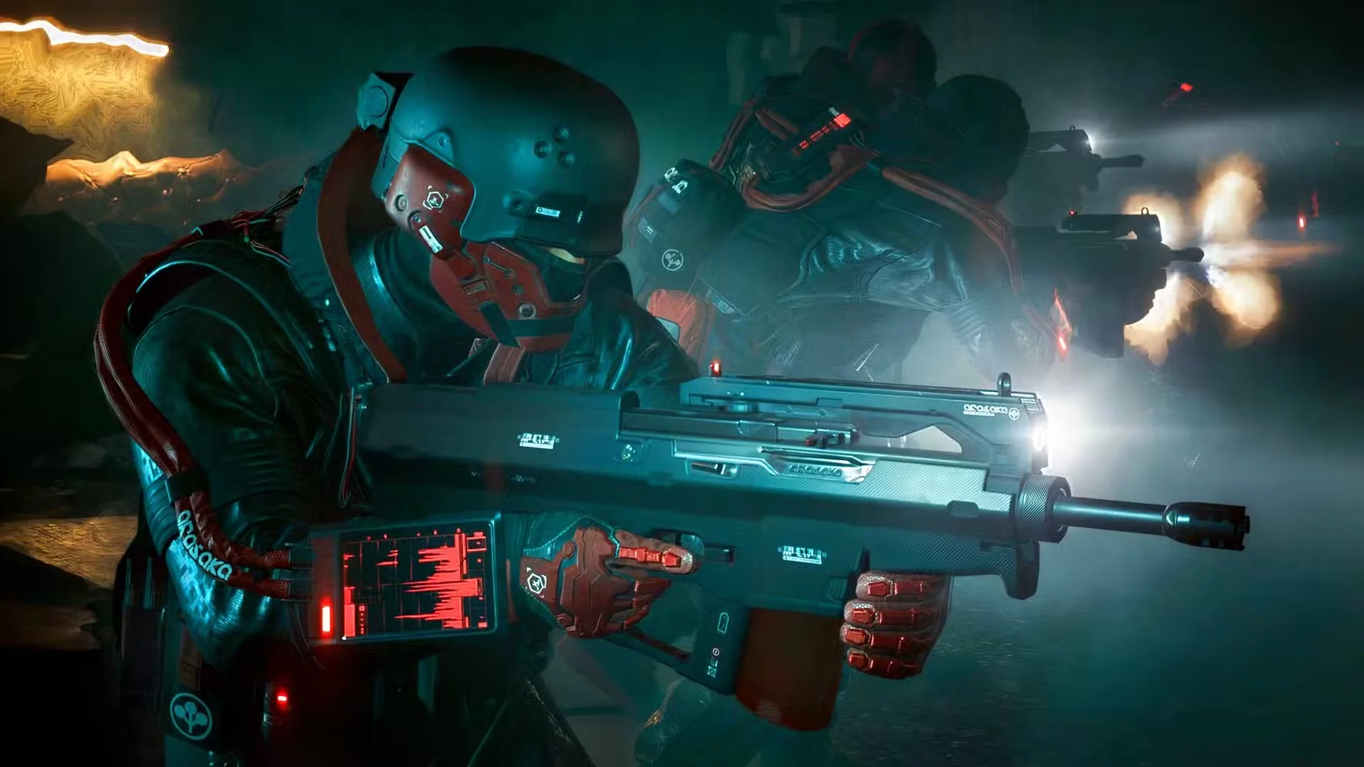 Armoured Cyberpunk security officers fire futuristic rifles during a dark indoor battle.