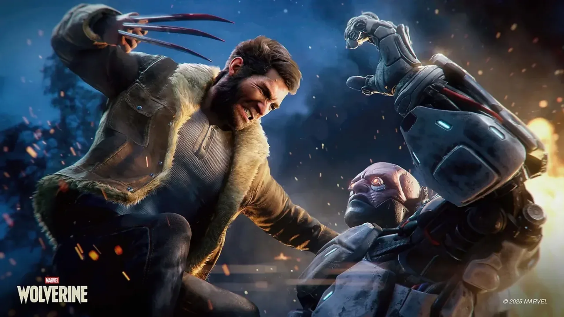 Wolverine attacks a heavily armoured enemy while extending the claws from both hands.