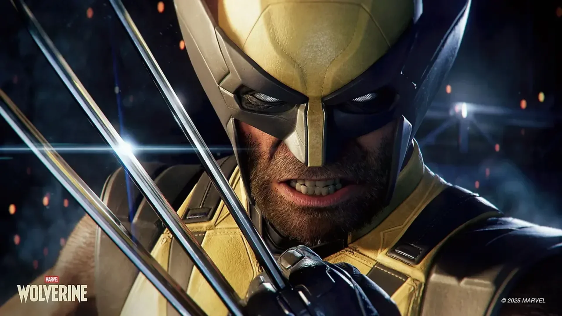 Wolverine wears his yellow mask and raises three shining adamantium claws in a close-up image.
