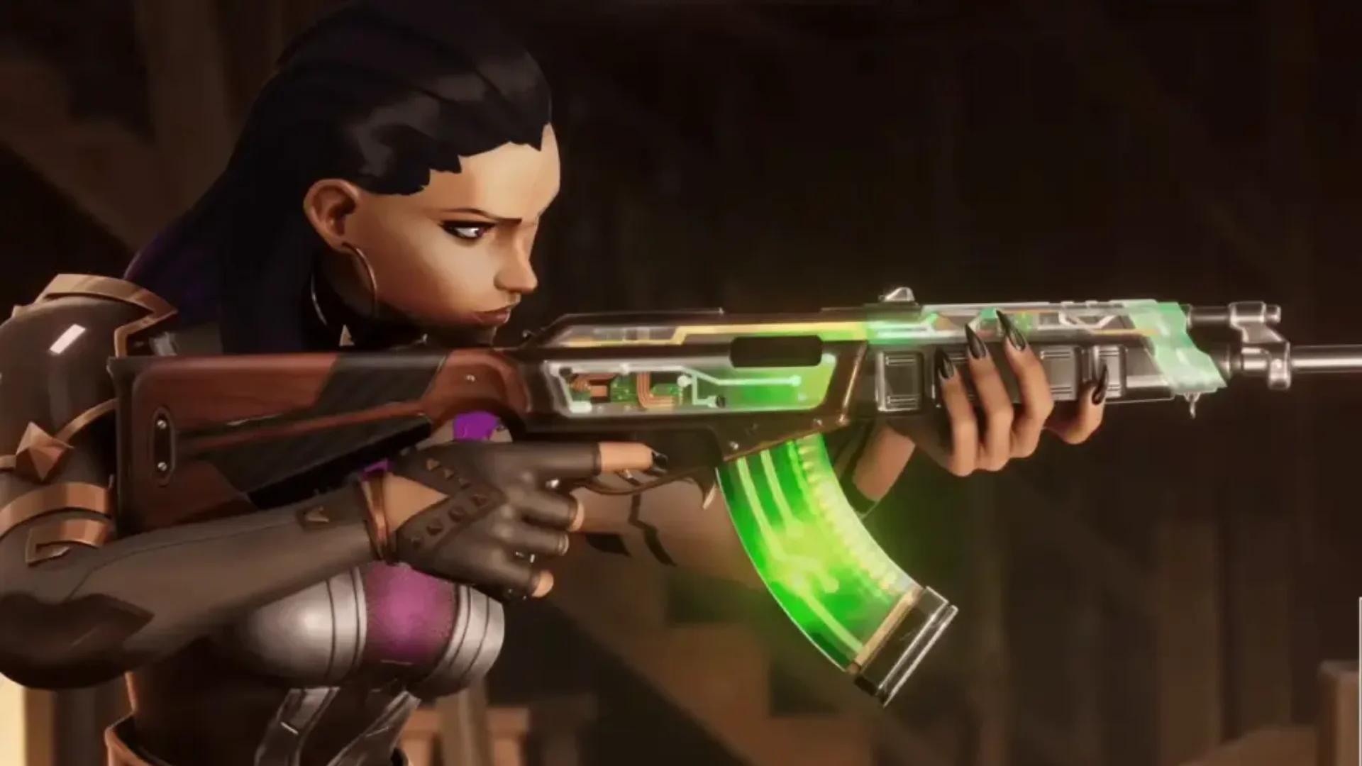 A VALORANT agent aims the Neo Frontier 2.0 Vandal with its glowing green magazine and futuristic details.