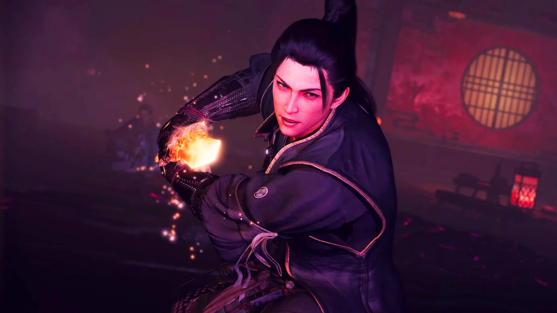Takechiyo holds a glowing flame while preparing for battle in the Nioh 3 Hell Rising DLC.