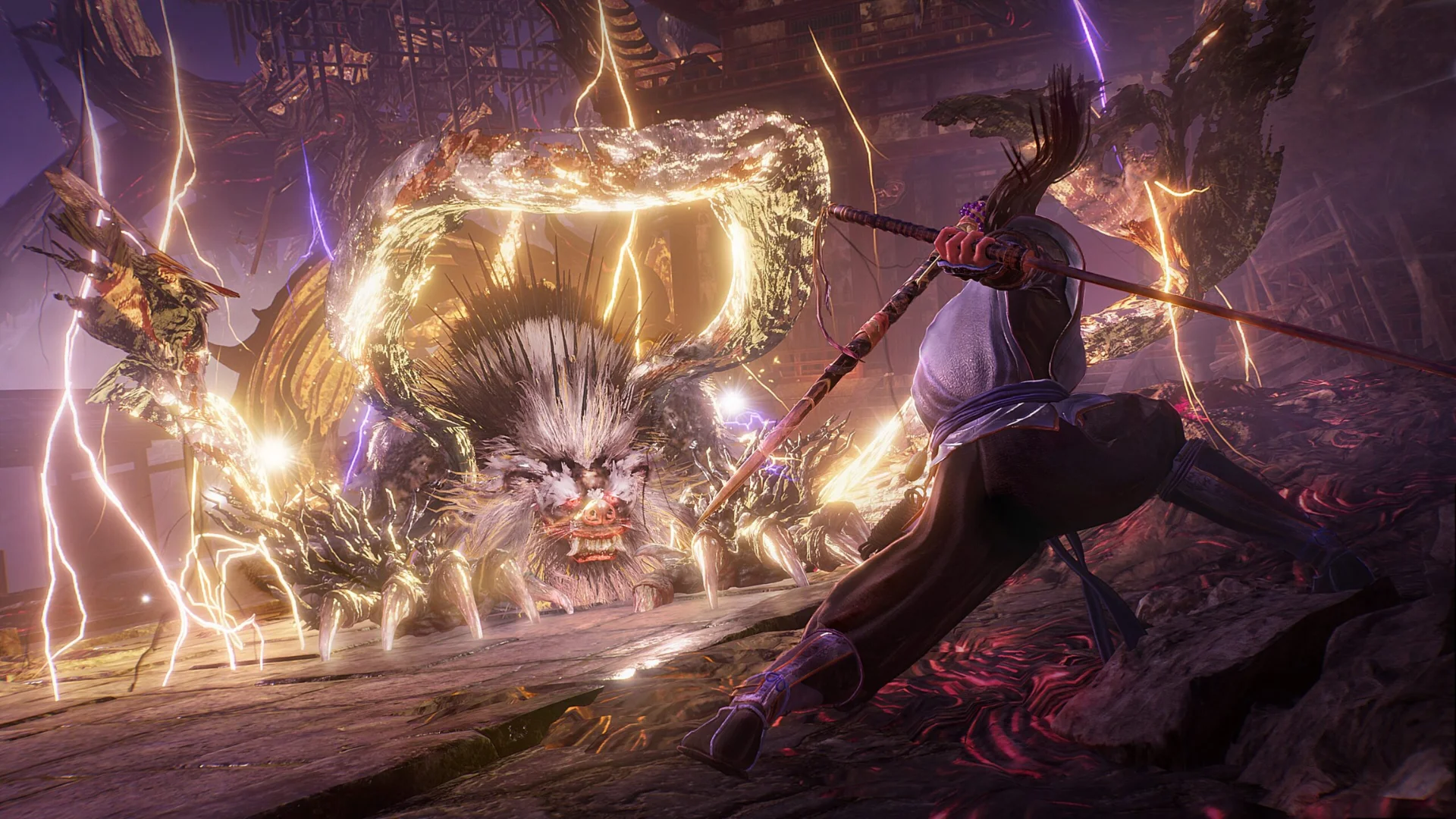 A warrior uses the new hoko and shield weapon against a giant yokai in Nioh 3 Hell Rising.