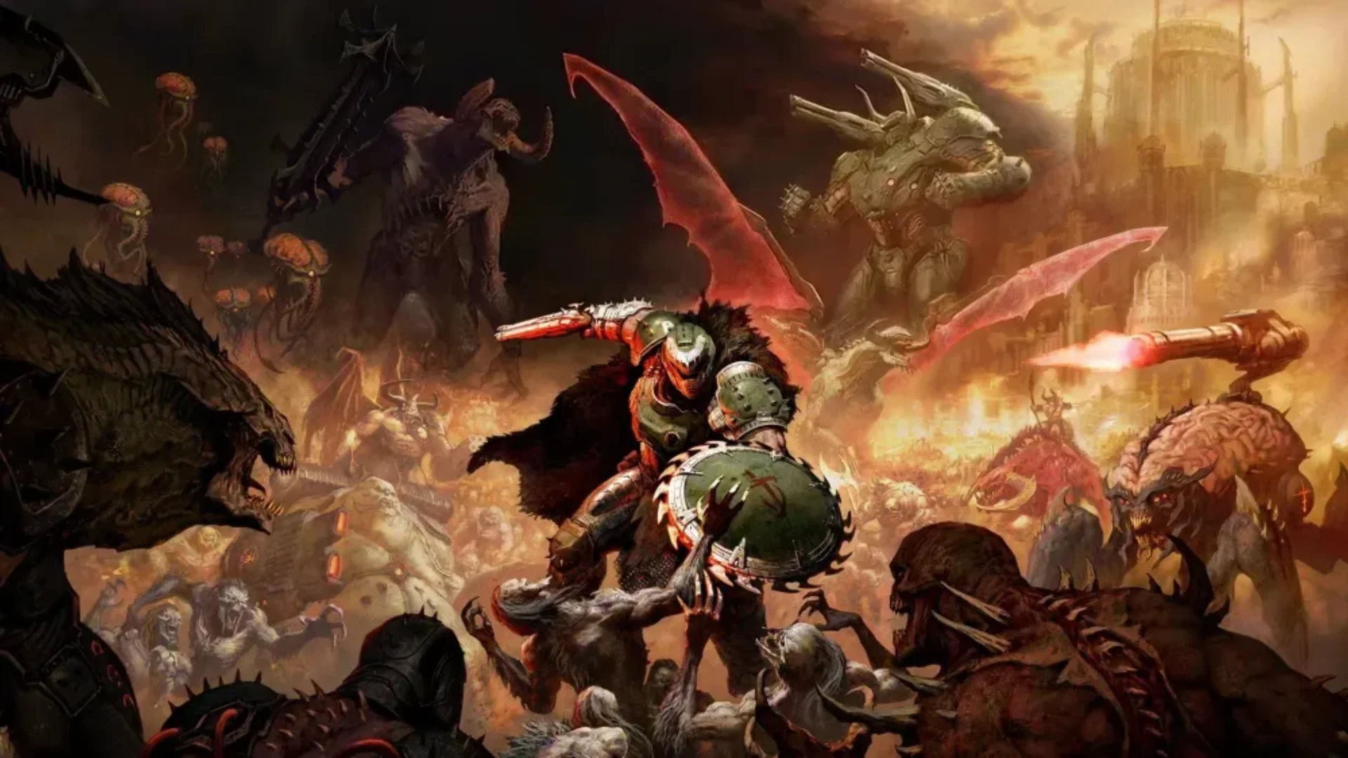 A horned armored demon stands before a ruined fortress in DOOM: The Dark Ages | Revelations.