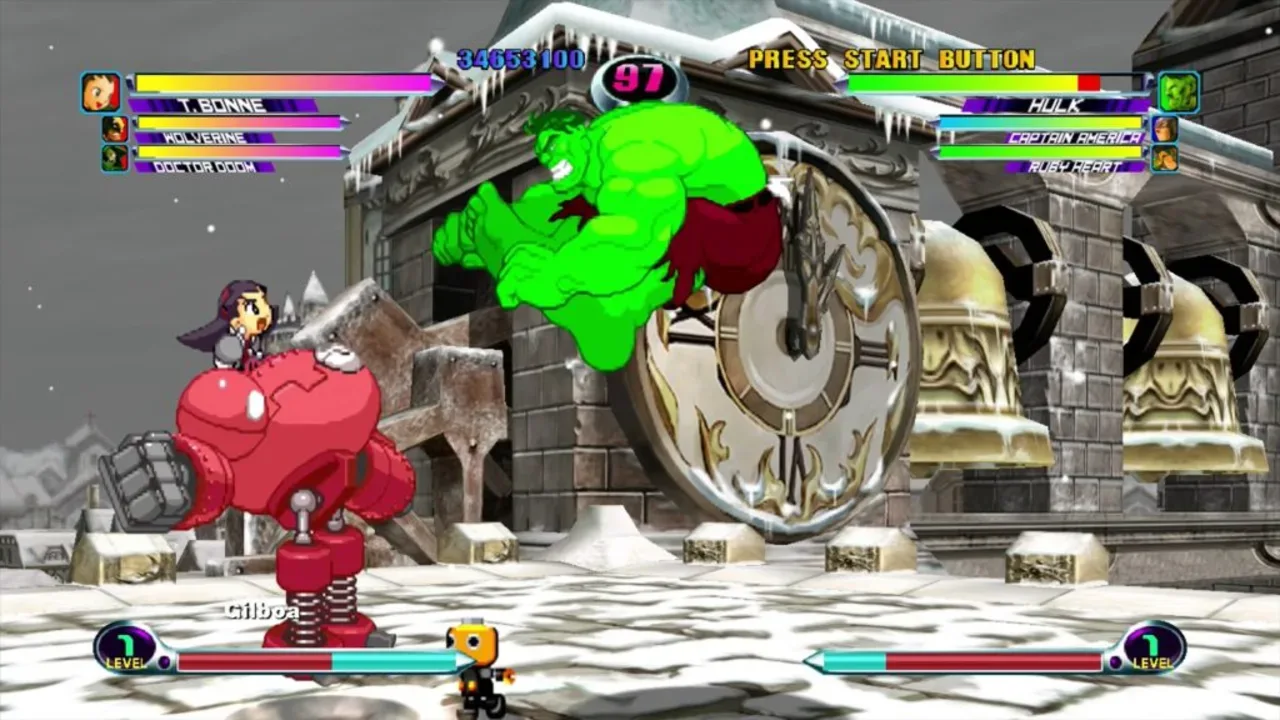 Hulk leaps toward a mechanical opponent during a snowy battle in Marvel vs. Capcom 2.