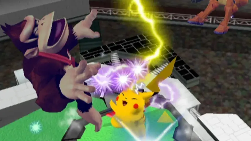 Pikachu strikes Donkey Kong with an electric attack while Samus watches from above in Super Smash Bros. Melee.