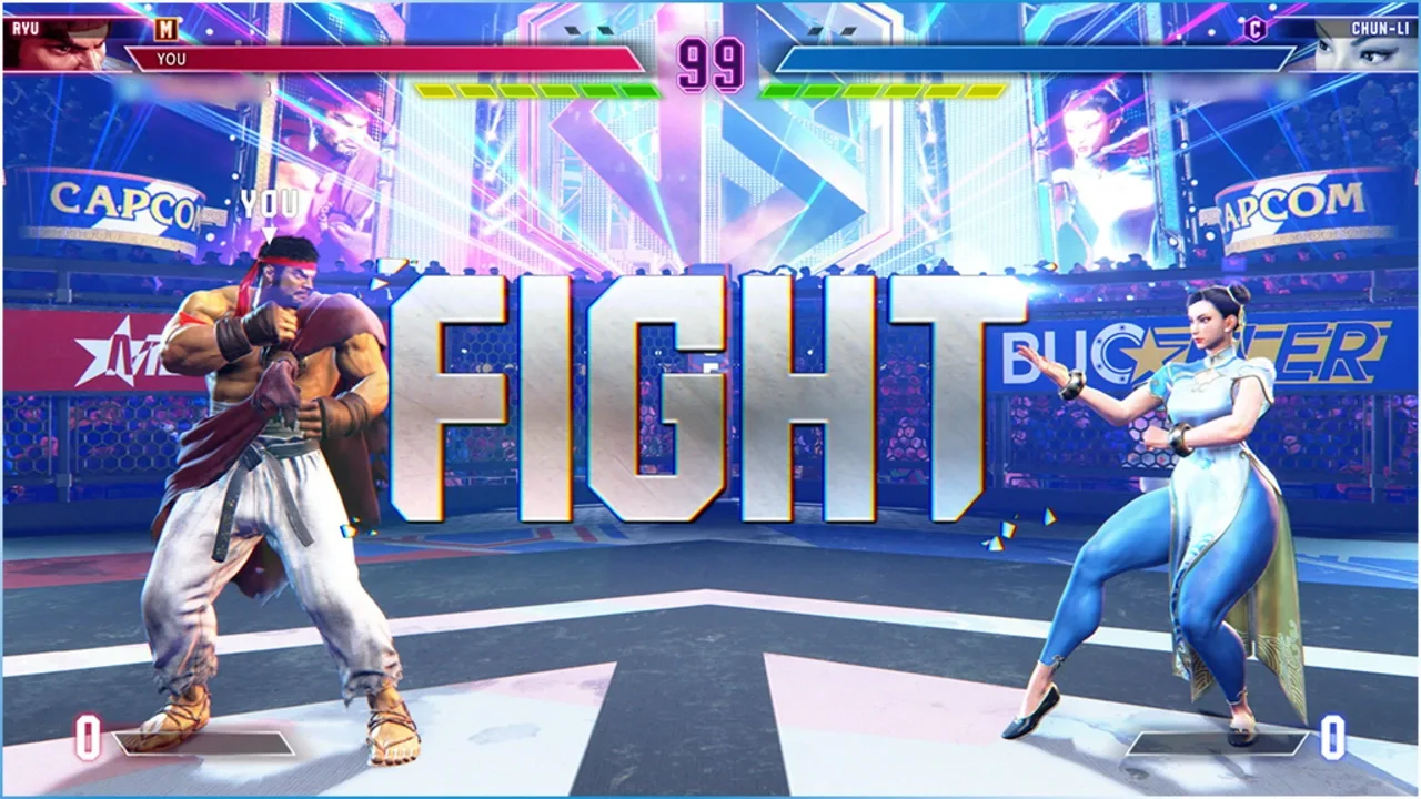 Ryu and Chun-Li face each other at the beginning of a match in Street Fighter 6.