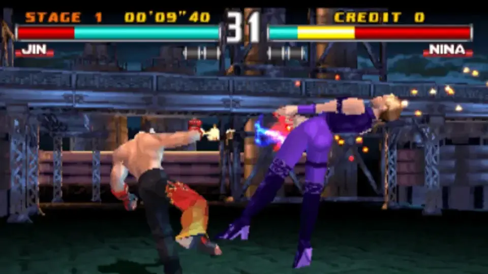 Jin Kazama lands a powerful punch on Nina Williams during a fight in Tekken 3.