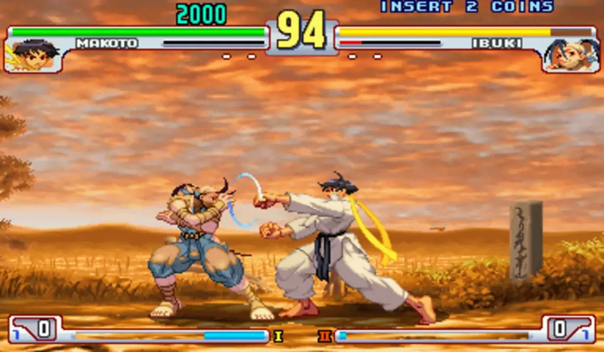 Makoto punches Ibuki during a sunset battle in Street Fighter III: 3rd Strike.