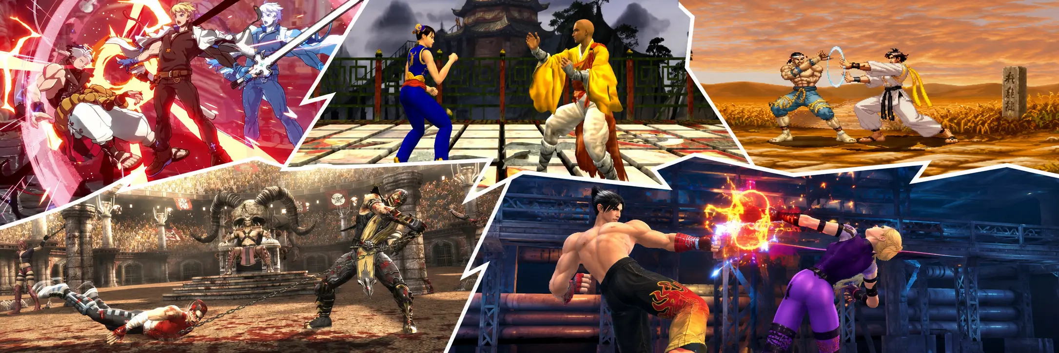 Dynamic collage featuring battles from Guilty Gear Strive, Virtua Fighter 4: Evolution, Street Fighter III: 3rd Strike, Mortal Kombat, and Tekken 3.
