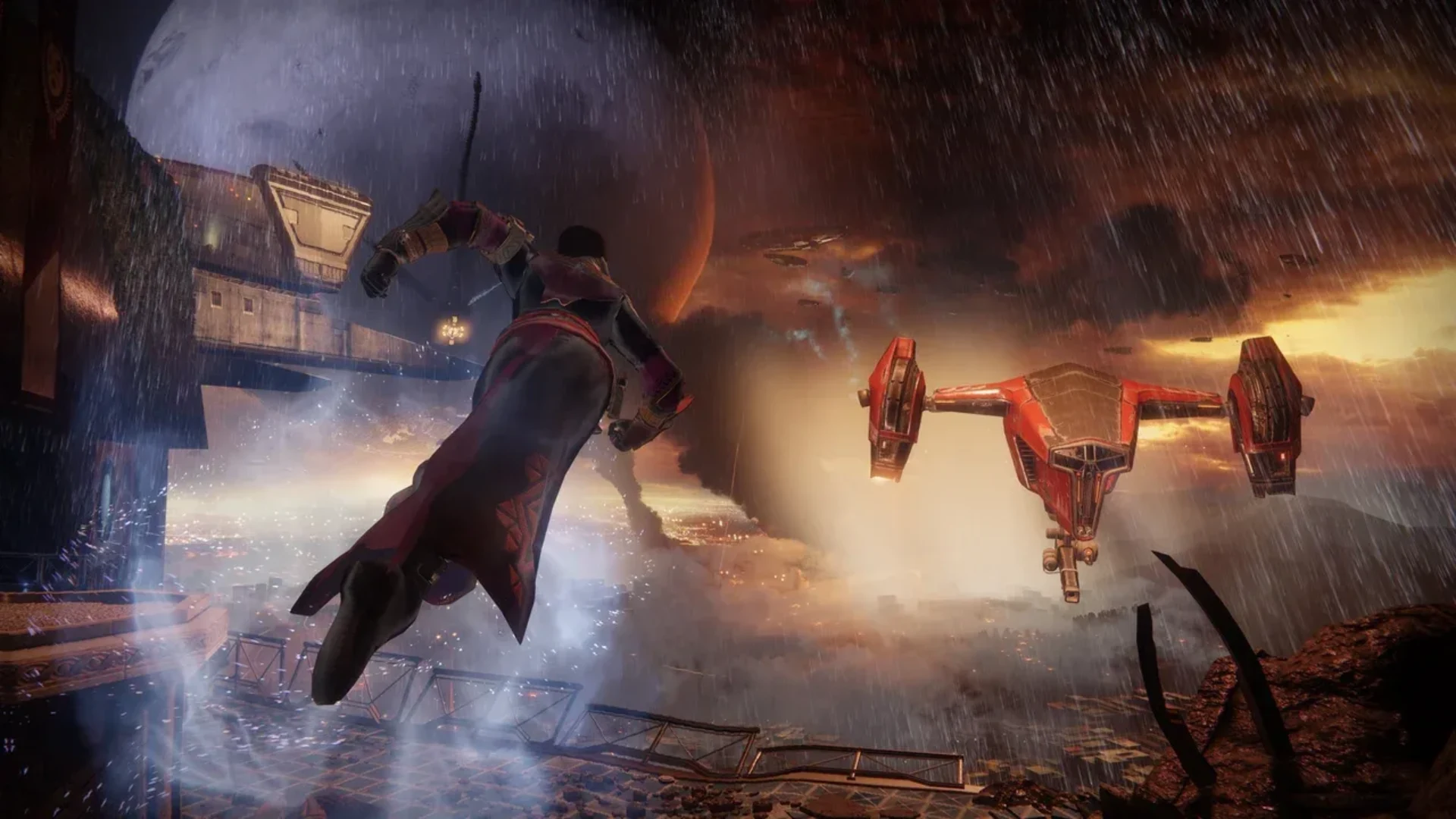 A Destiny 2 Guardian leaps through heavy rain toward a red aircraft above a futuristic city.