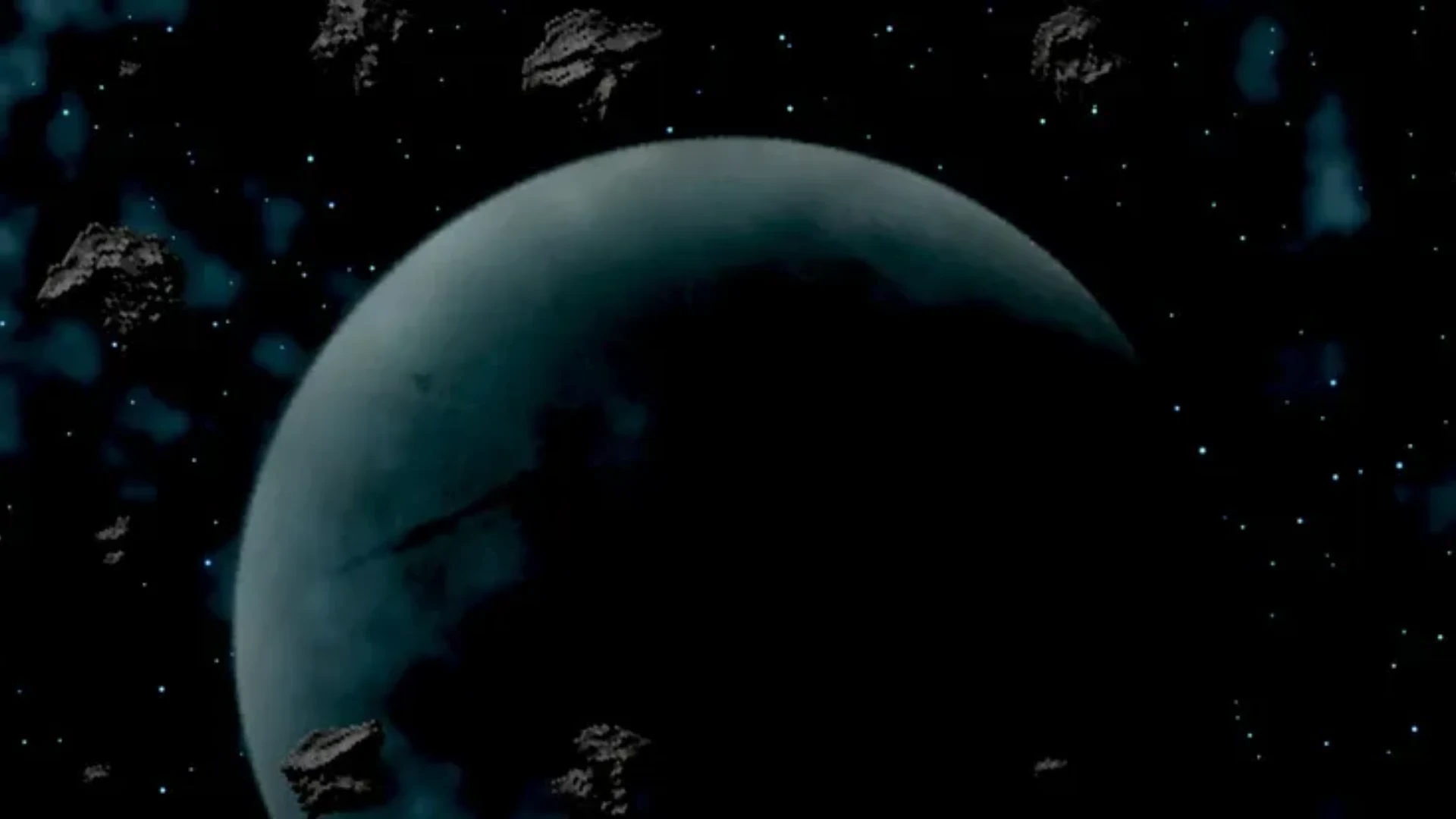 A dark planet surrounded by asteroids and distant stars in The Eventide.