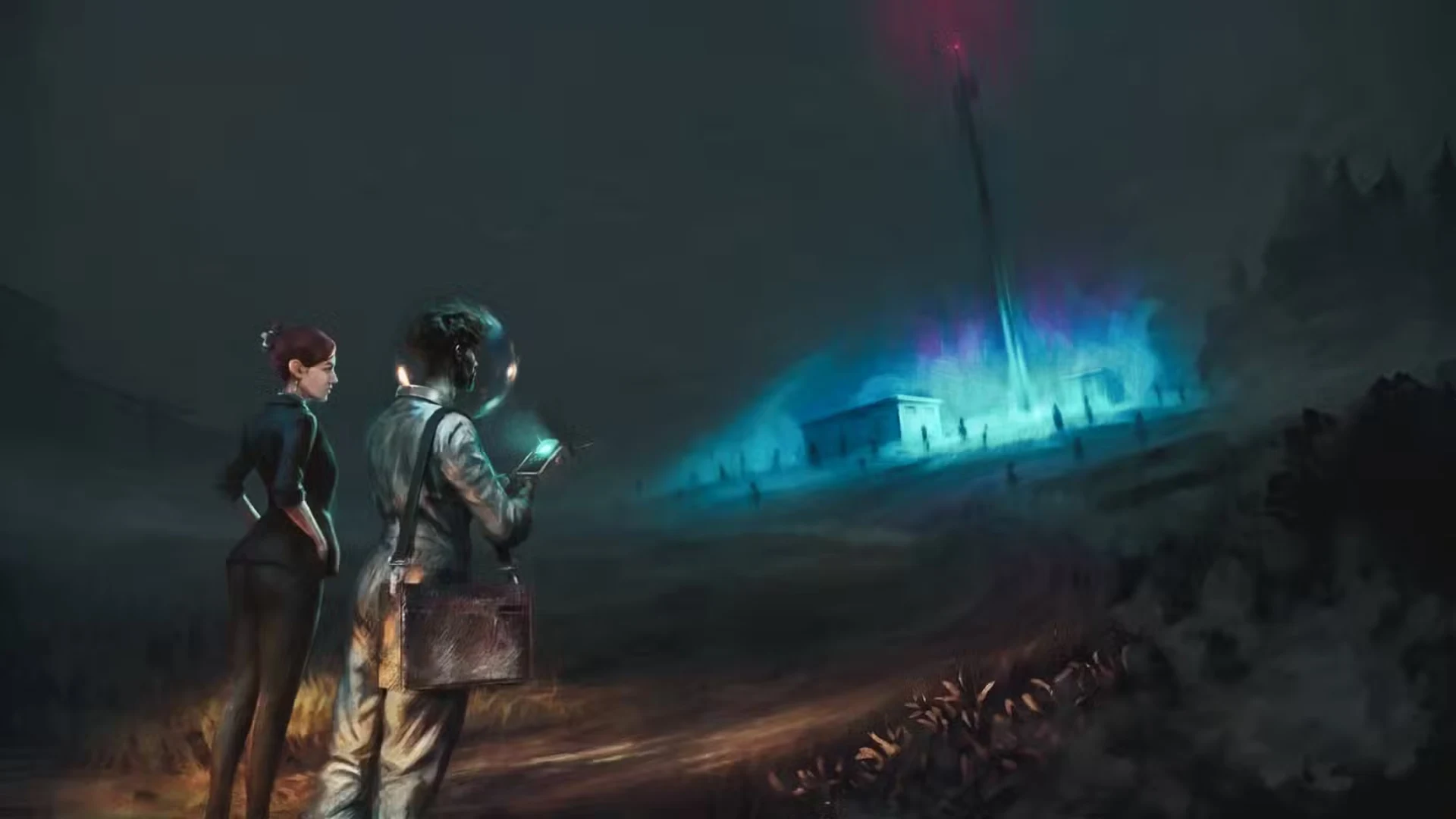Two investigators observe a building surrounded by glowing blue paranormal energy.