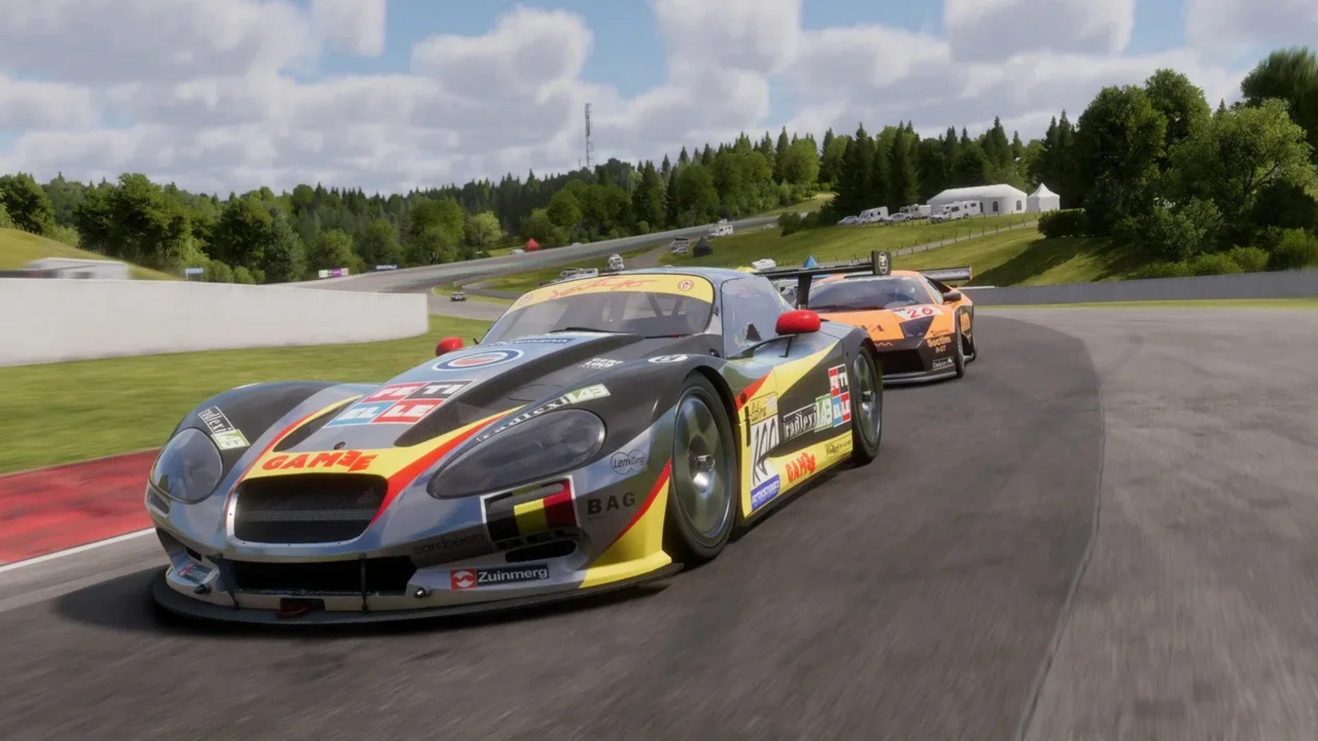 Two GT race cars compete closely through a corner in Project Motor Racing.