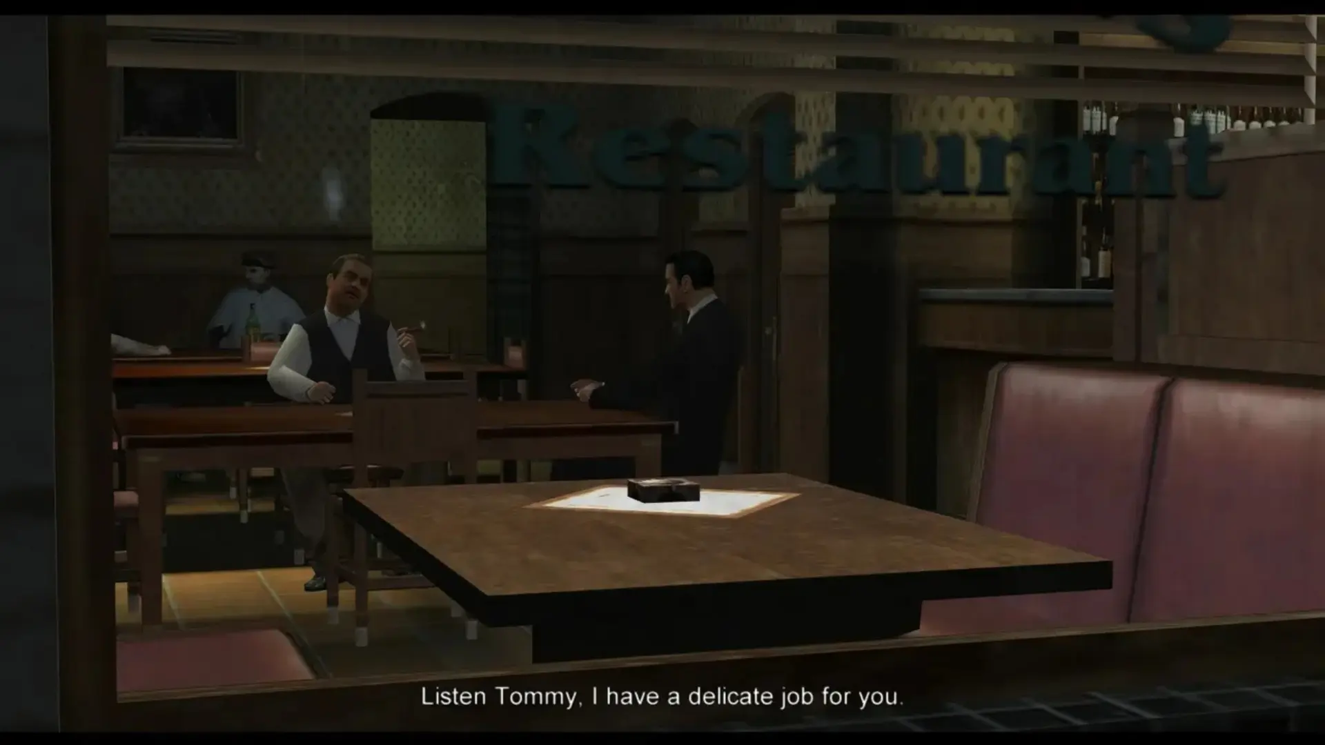 Tommy Angelo speaks with Don Salieri at a restaurant table in Mafia: The City of Lost Heaven.
