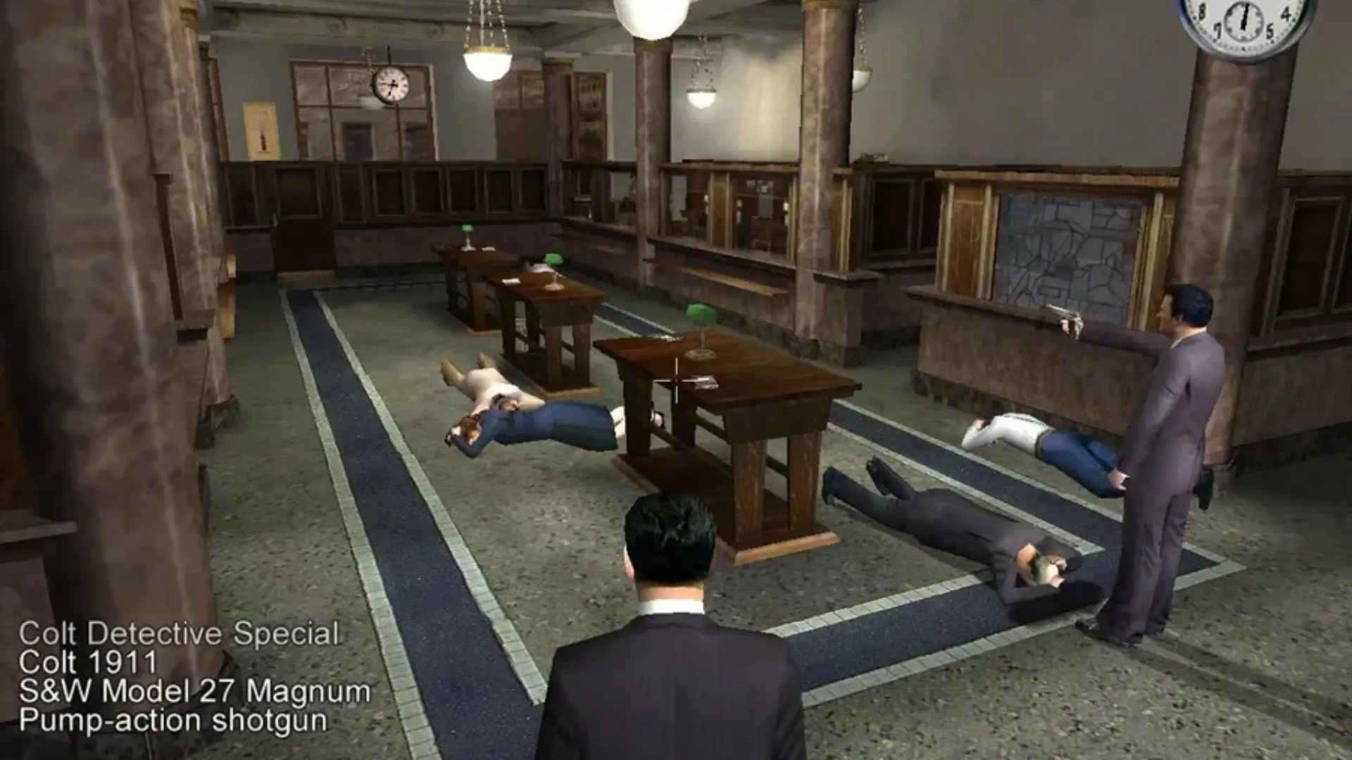 A bank shootout in Mafia: The City of Lost Heaven, with Tommy Angelo aiming at enemies inside the building.