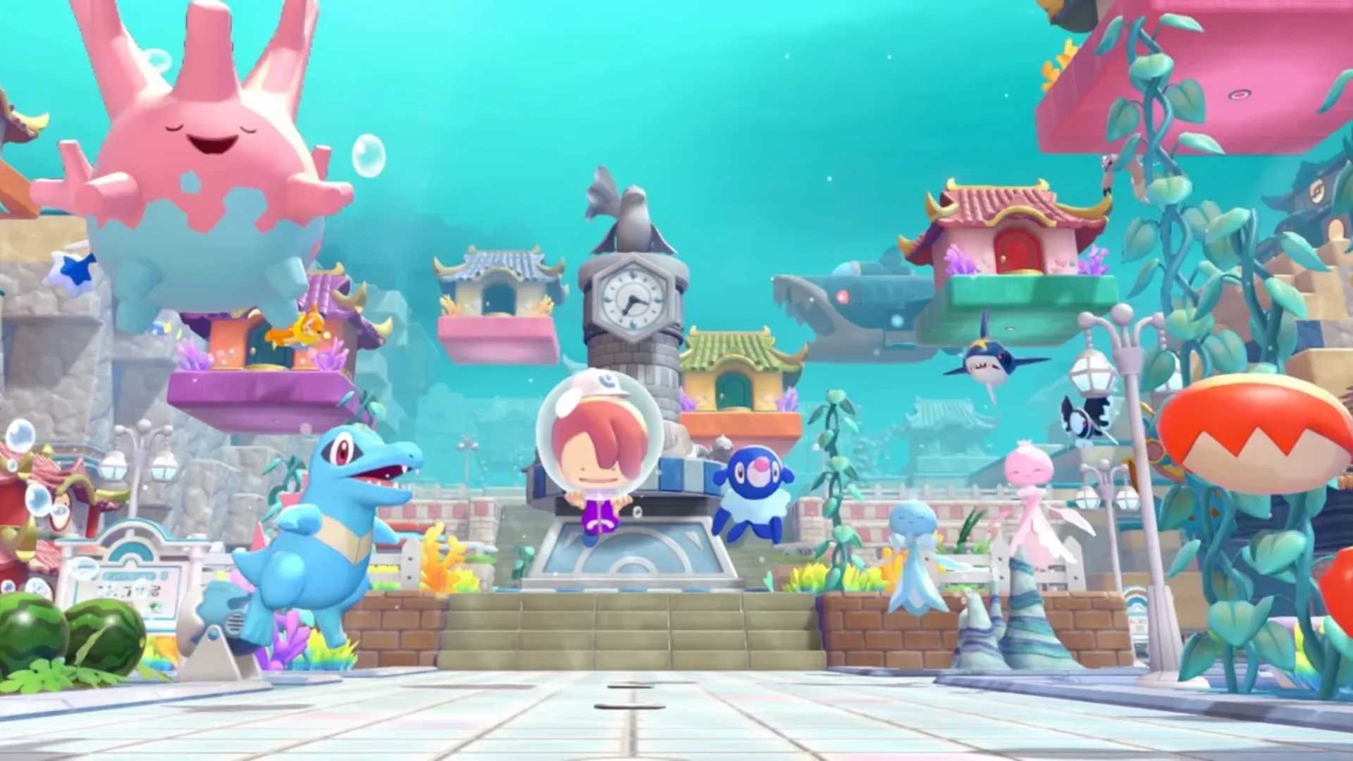Pokémon gather around a colourful underwater town filled with floating homes, coral, plants, and a clock tower.
