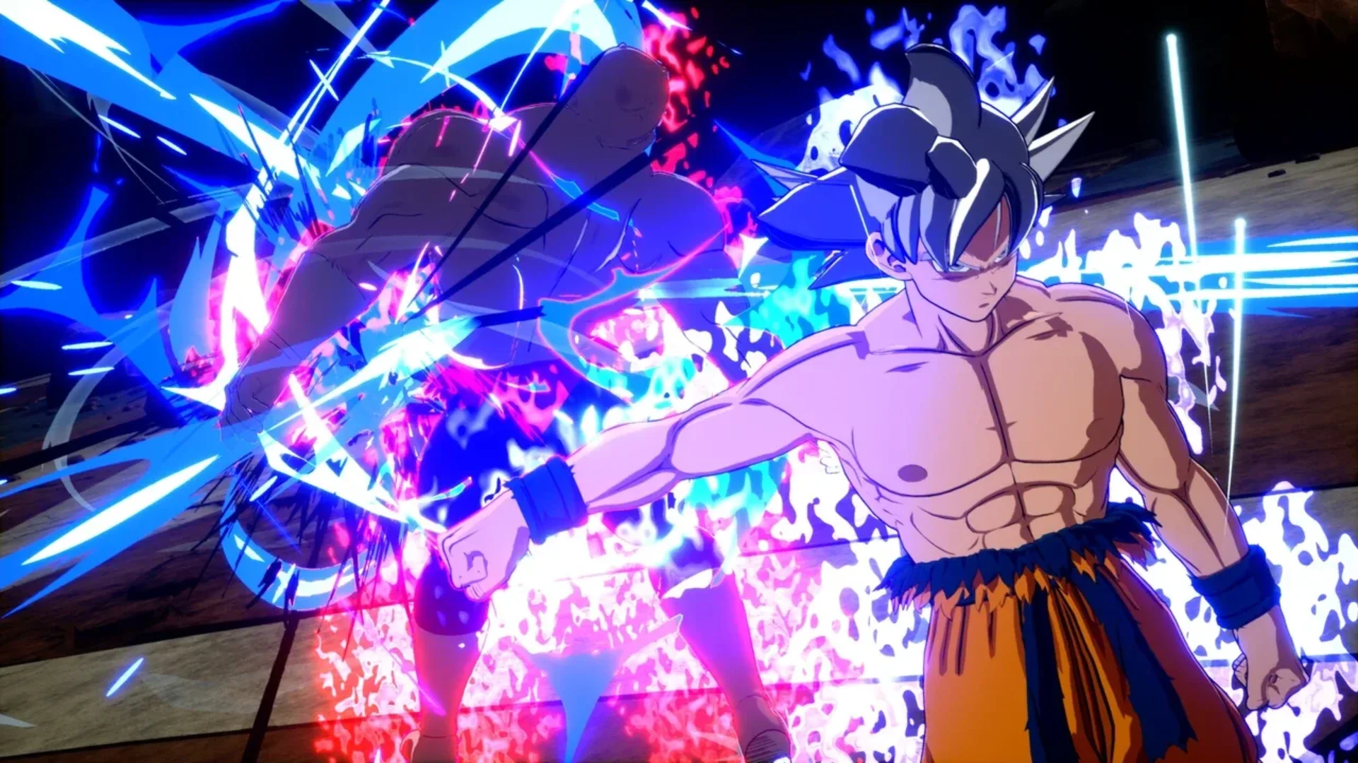 Ultra Instinct Goku stands beside a bright blue and pink energy effect in Dragon Ball: Sparking! Zero.