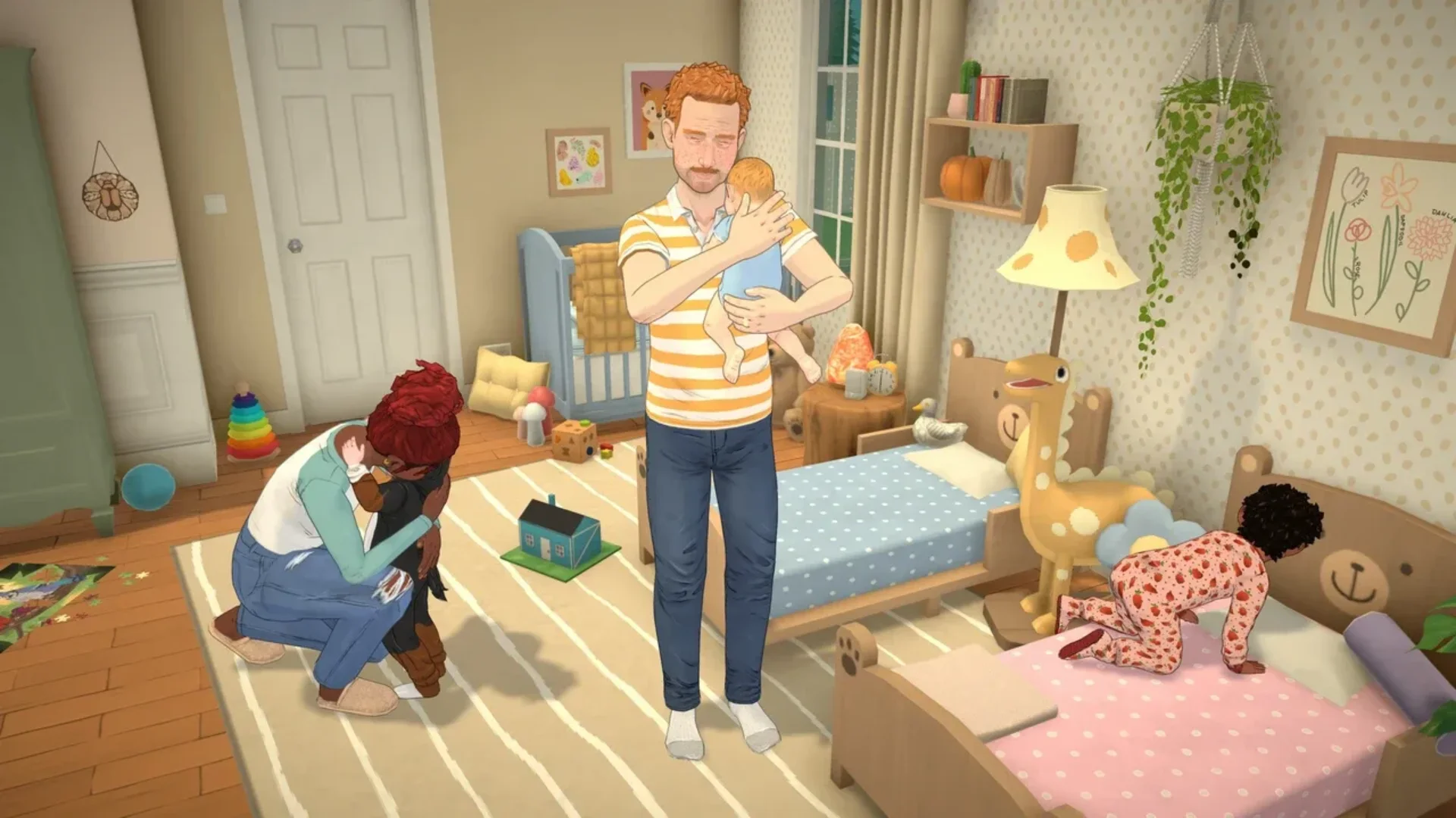 A Paralives family cares for a baby and two young children inside a colourful bedroom.