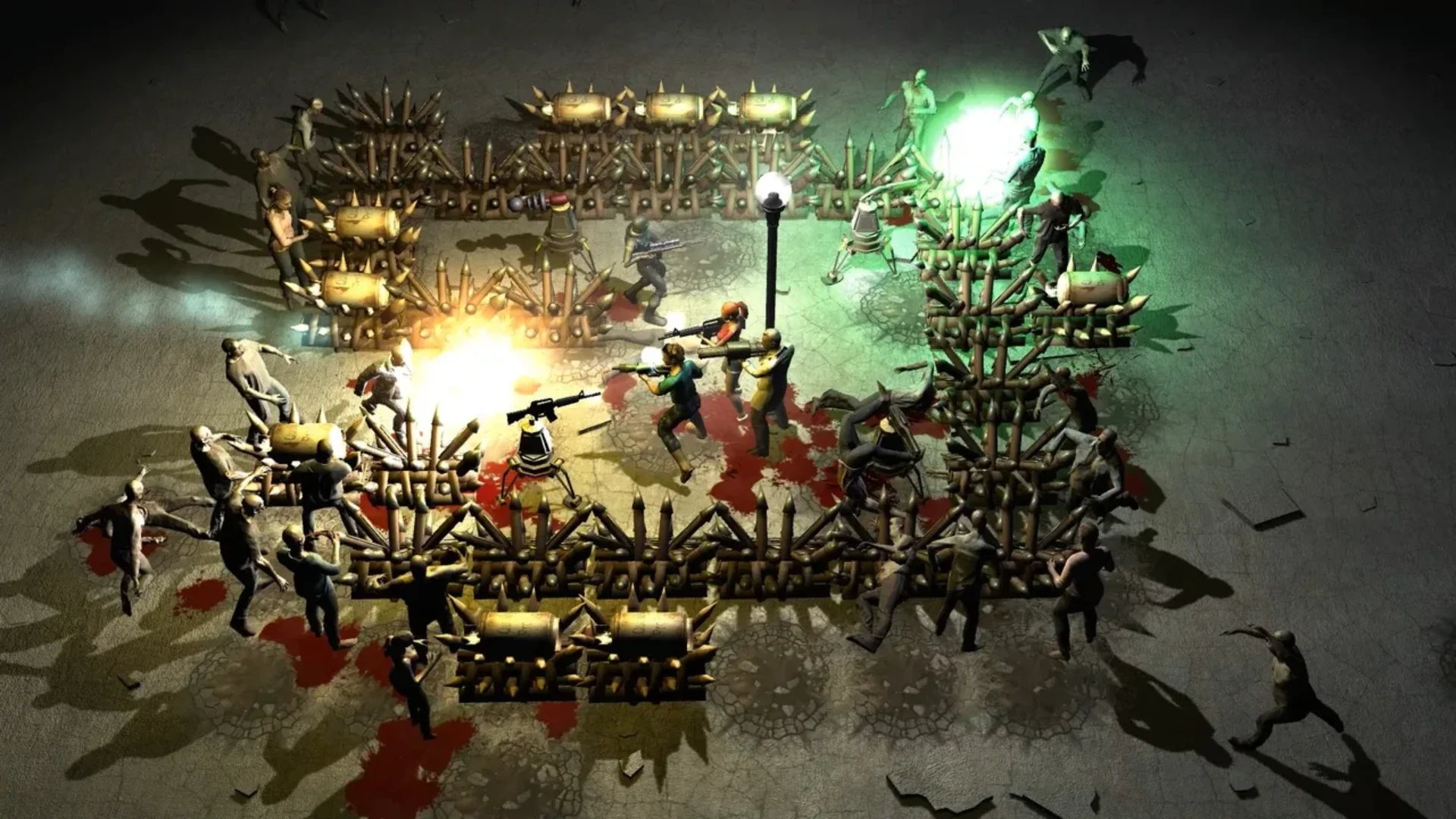 Four players fight zombies inside a barricaded arena in Yet Another Zombie Defense HD.