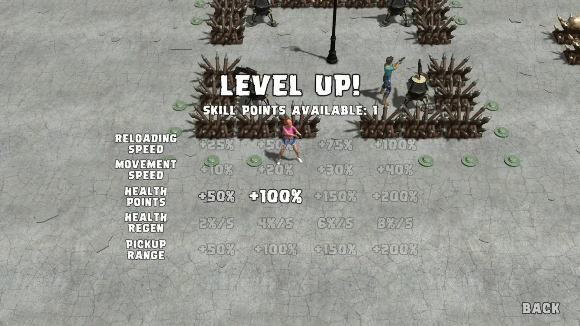 Yet Another Zombie Defense HD level-up menu showing health, movement speed, reload speed, and other upgrades.