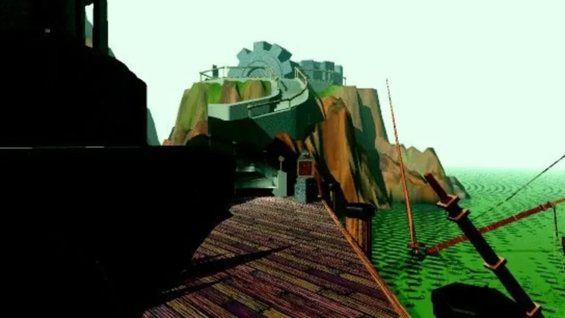 First-person view of a coastal mechanical complex in Cyan Worlds’ Project Anglerfish prototype.