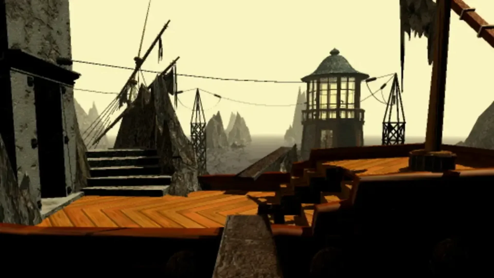 A wooden coastal settlement and lighthouse appear in the abandoned Project Anglerfish prototype.
