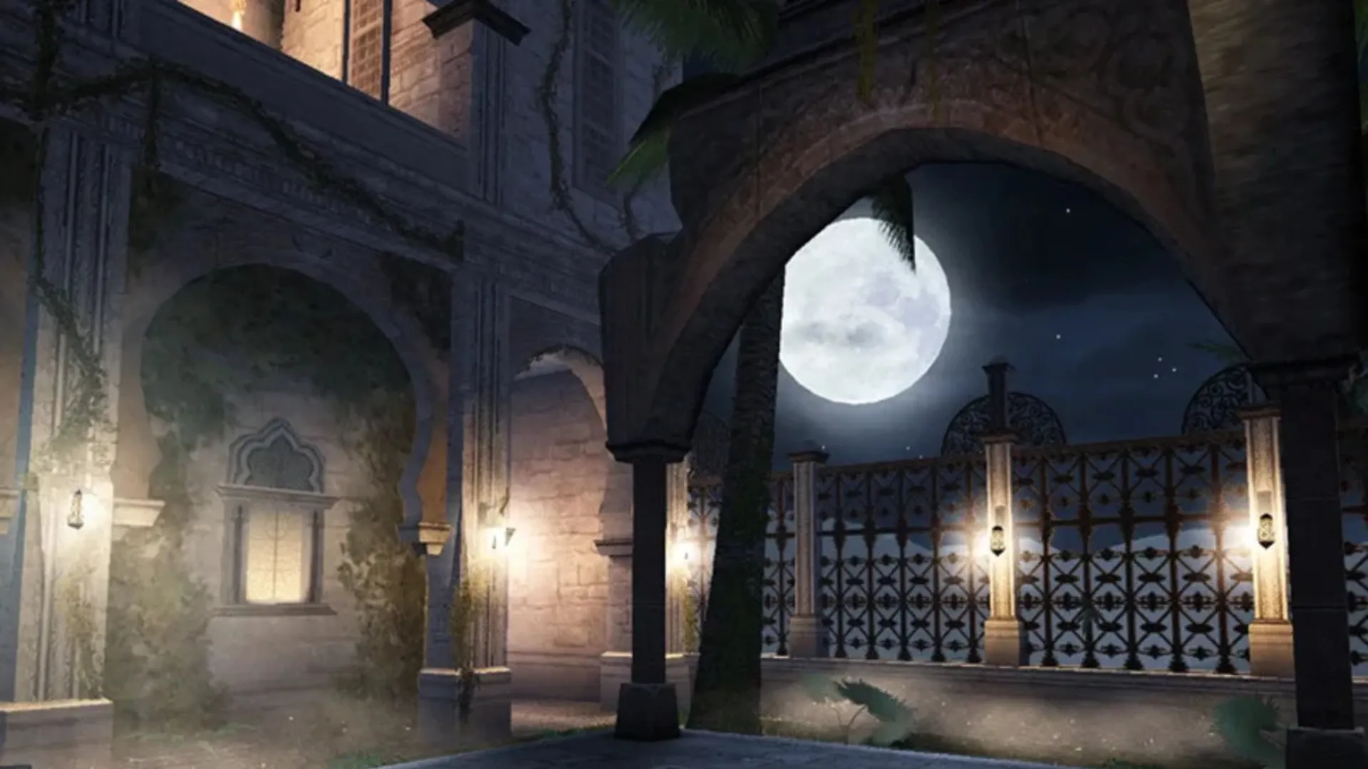 A moonlit palace courtyard with arches, hanging lanterns, and a full moon framed by a stone archway in Sands of Time.