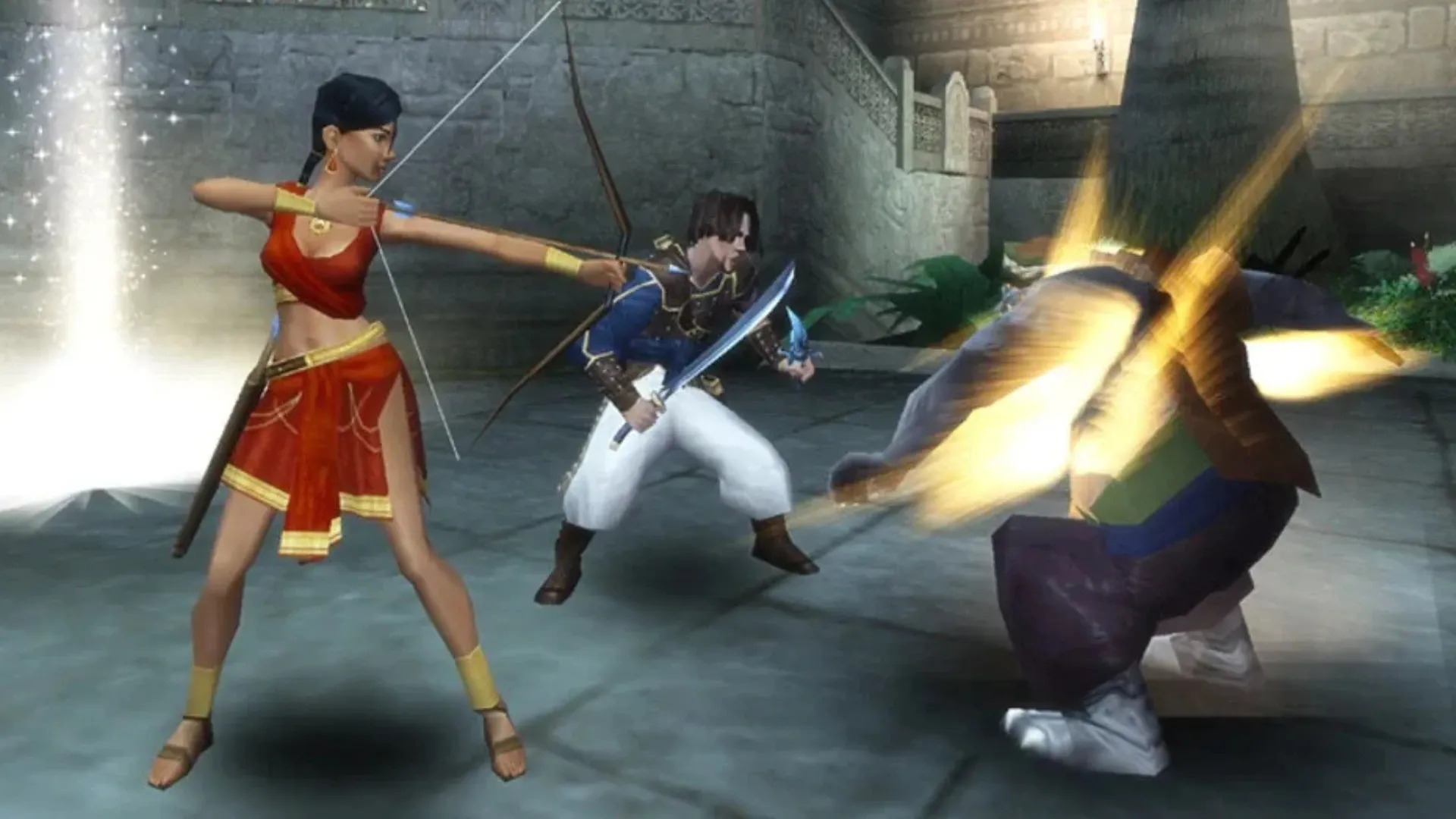 Farah draws a bow while the Prince fights an enemy with a glowing sword in a palace courtyard in Sands of Time.