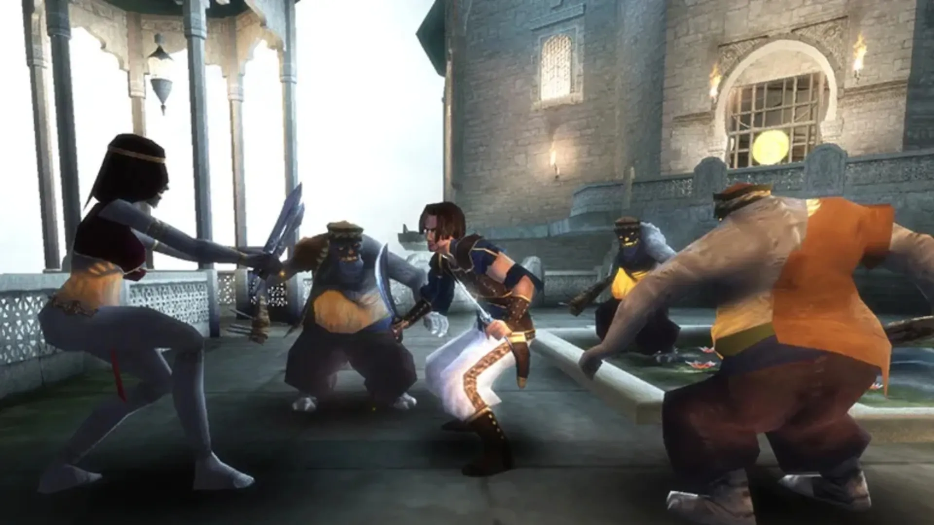 The Prince fights with a dagger surrounded by several enemies outside a bright palace in Sands of Time.