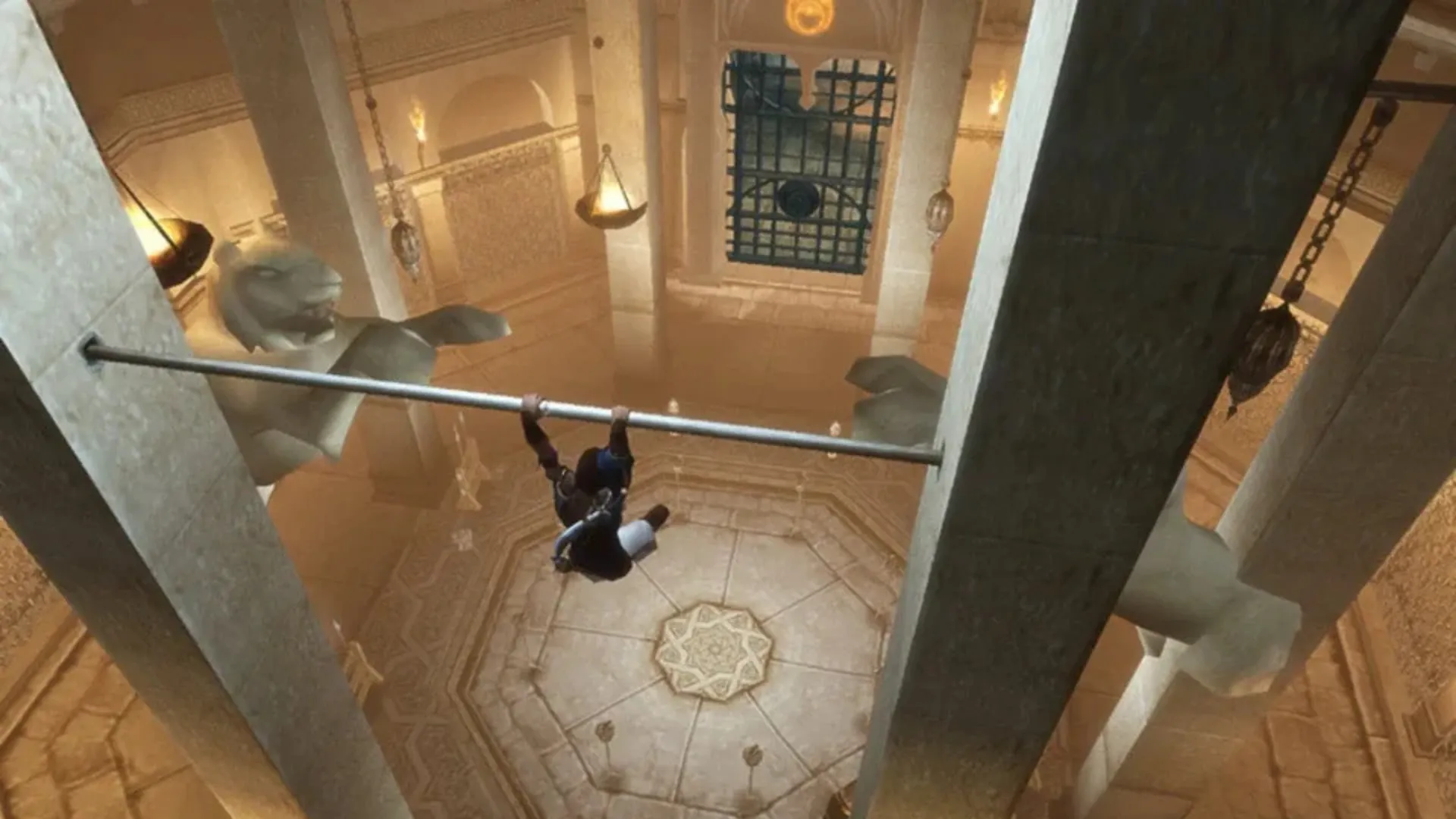 The Prince swings from a horizontal pole high above an ornate palace hall with a lion statue below in Sands of Time.