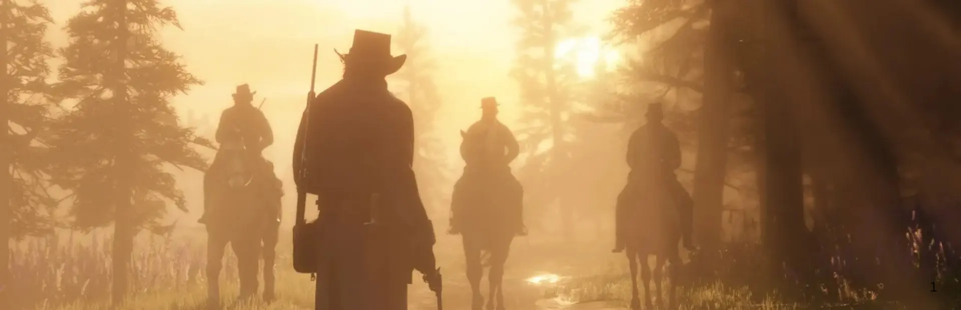 Four members of the Van der Linde gang riding through a sunlit forest in Red Dead Redemption 2.