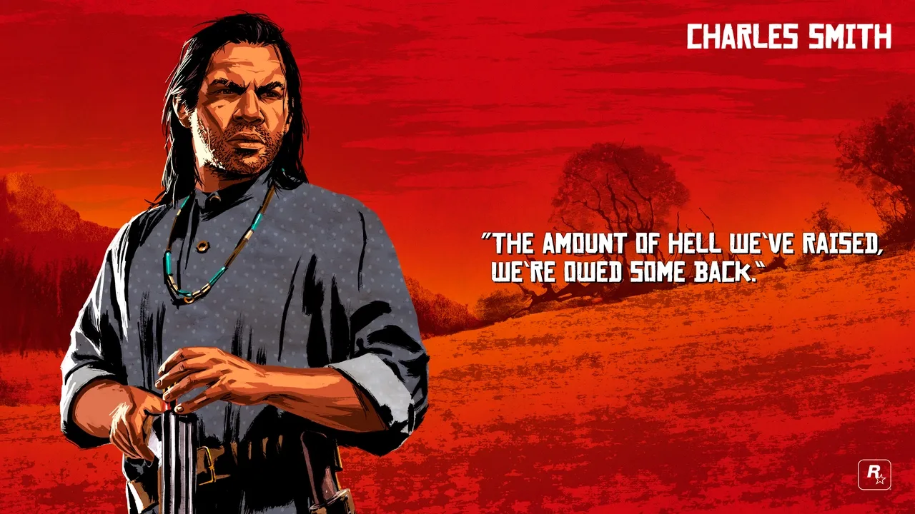Charles Smith character artwork with a quote on a red Red Dead Redemption 2 background.