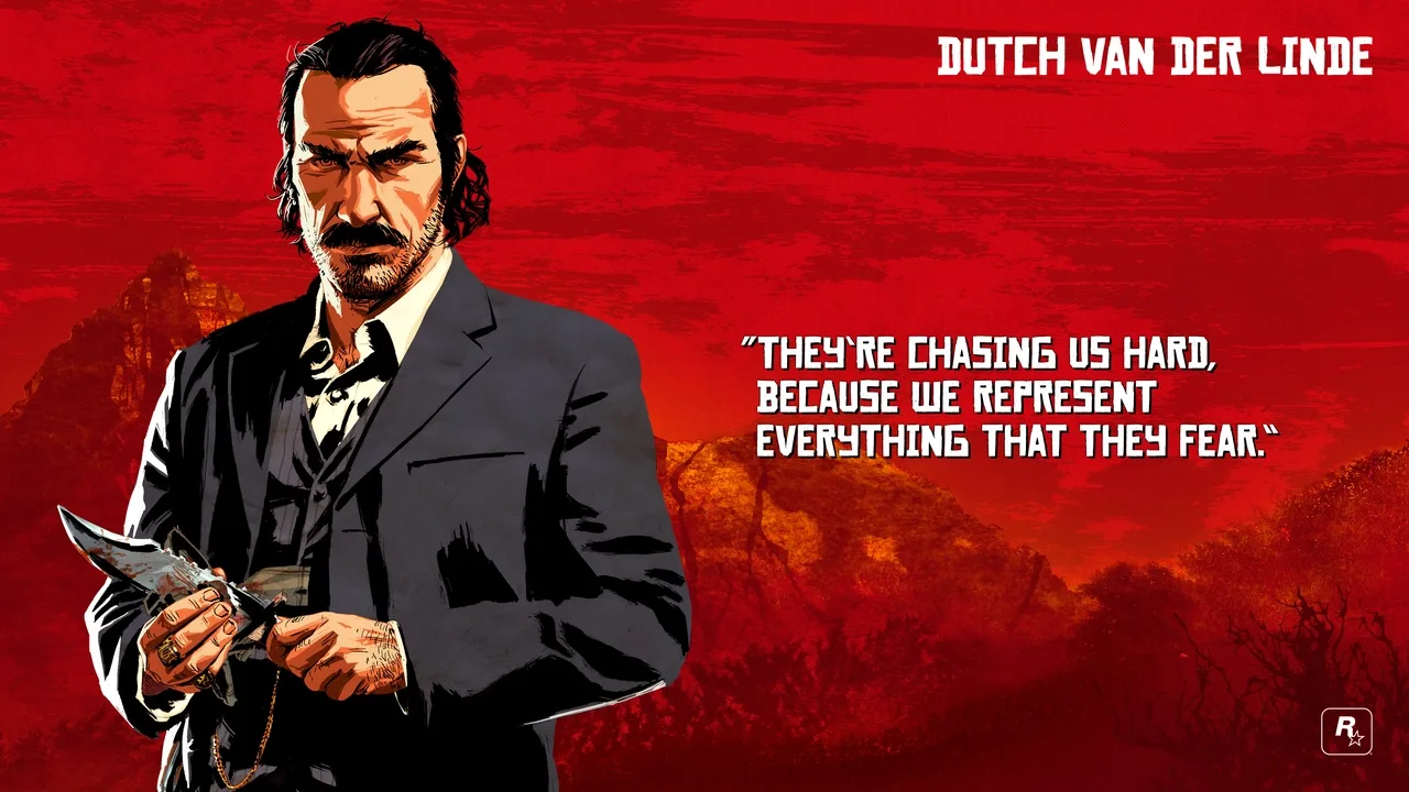 Dutch van der Linde character artwork with a quote on a red Red Dead Redemption 2 background.