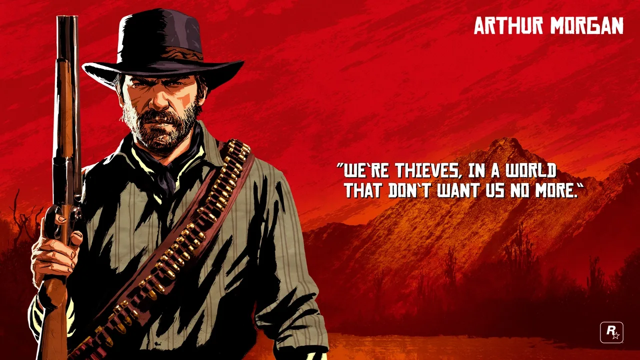 Arthur Morgan holding a revolver in character artwork from Red Dead Redemption 2.