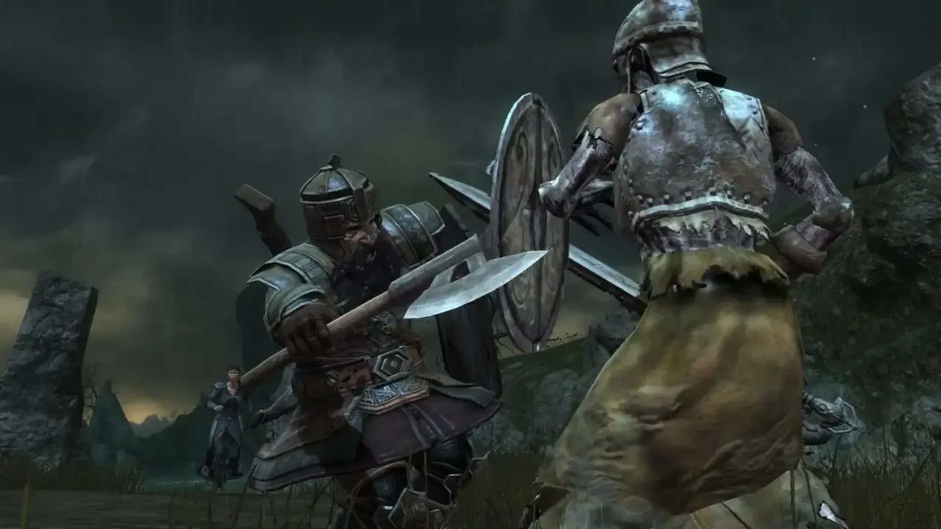 A dwarf warrior swings a large axe at an armoured enemy in The Lord of the Rings: War in the North.