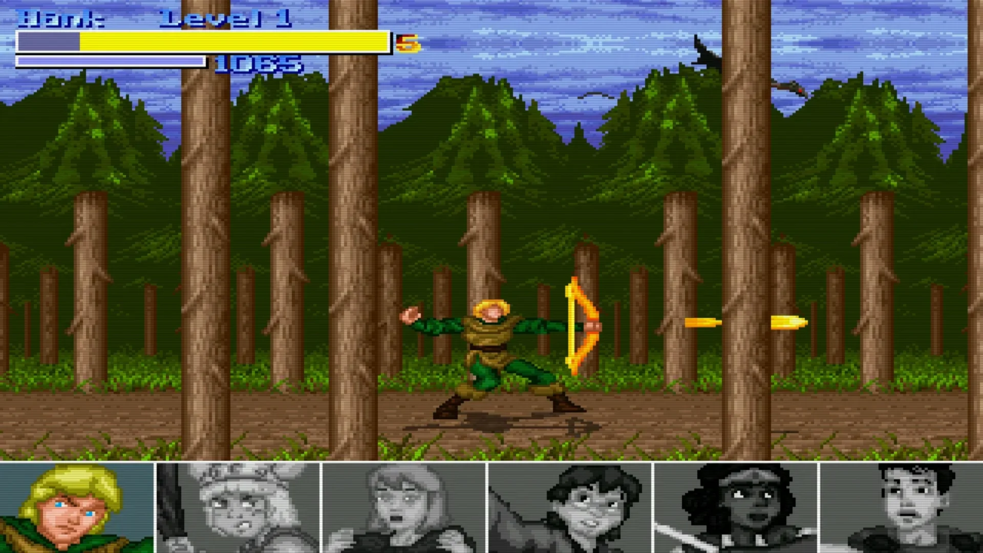A pixel-art elf archer fires an arrow between trees in a classic Dungeons & Dragons arcade game.