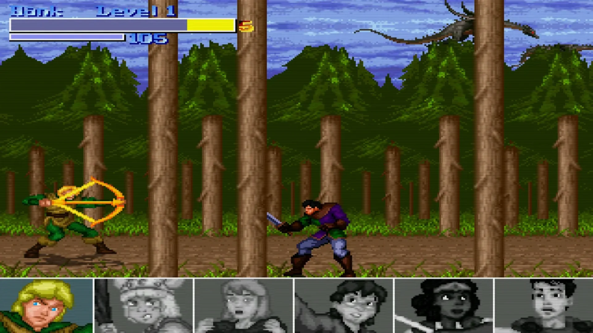 A pixel-art elf aims a bow at a sword-wielding enemy in a forest from a Dungeons & Dragons arcade game.