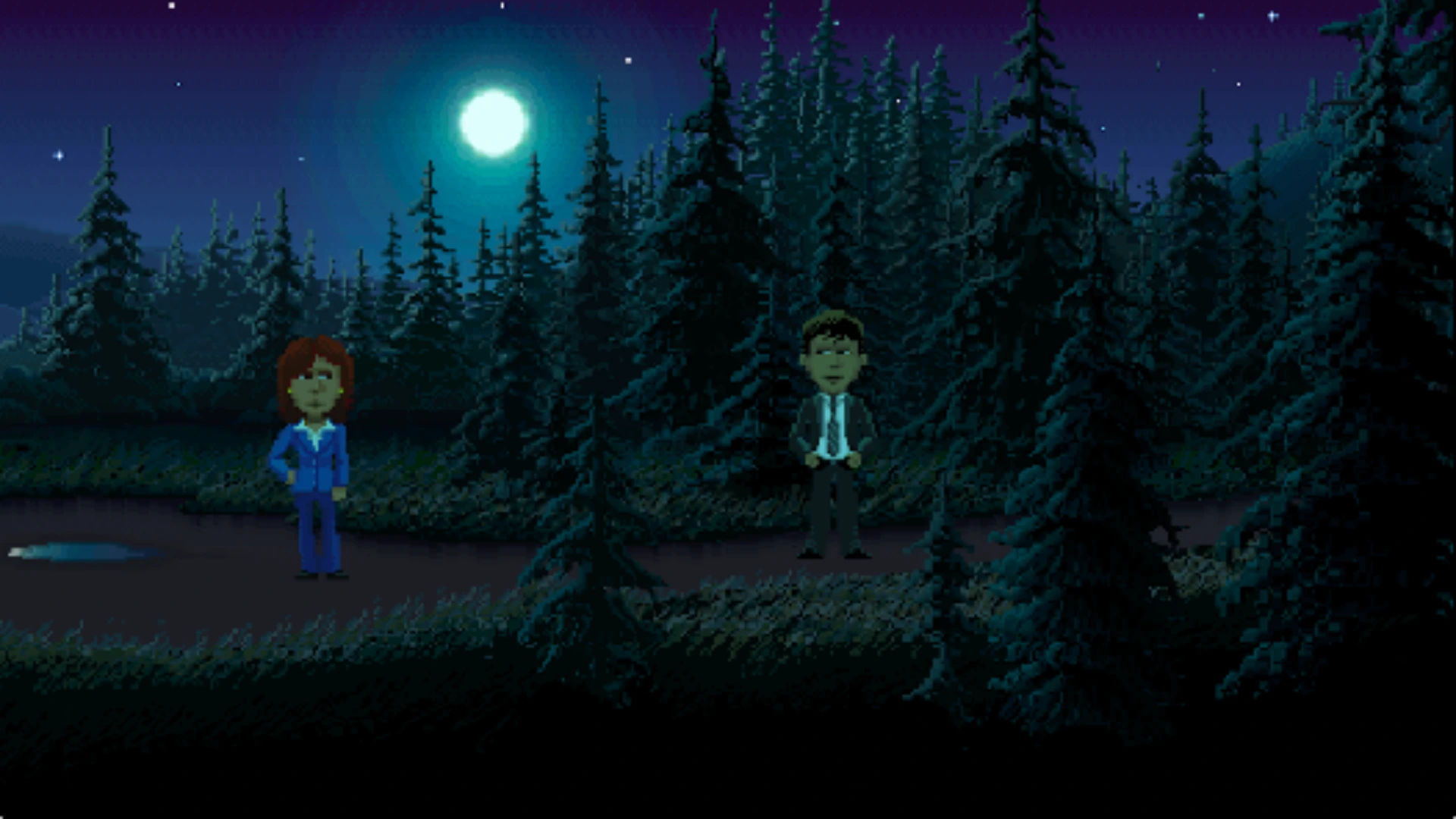 Two pixel-art investigators stand beside a moonlit forest road in Thimbleweed Park.