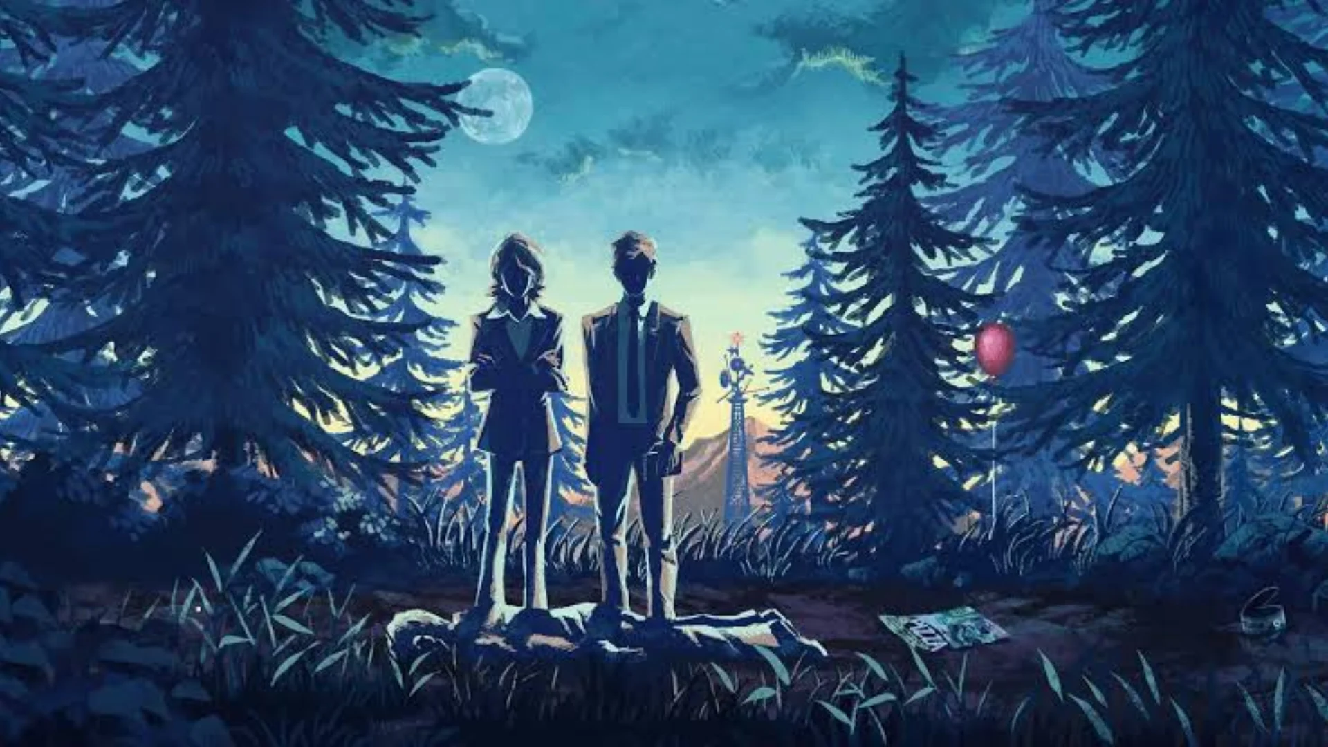Two investigators stand in a moonlit forest near a distant radio tower in Thimbleweed Park 2 artwork.