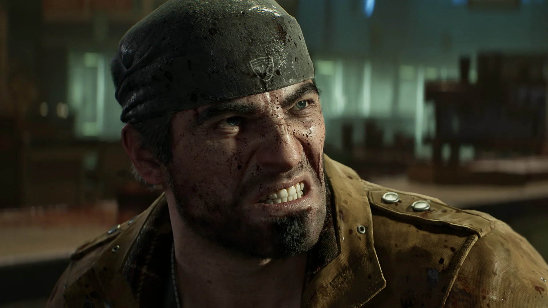 A bloodied Gears soldier wearing a black bandana looks angrily toward an enemy during combat.