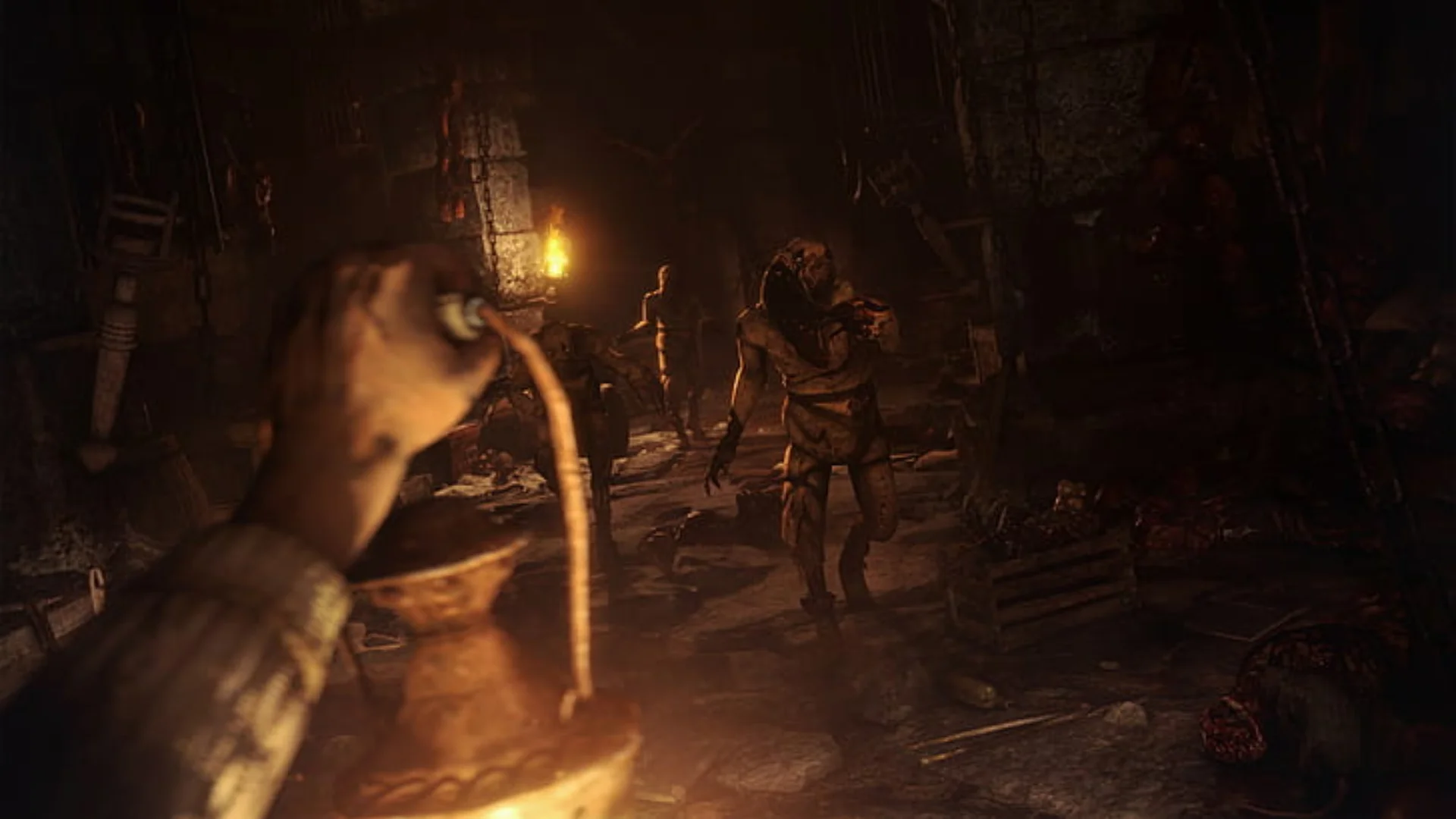 A player raises a lantern as several hostile creatures approach through a dark underground corridor.