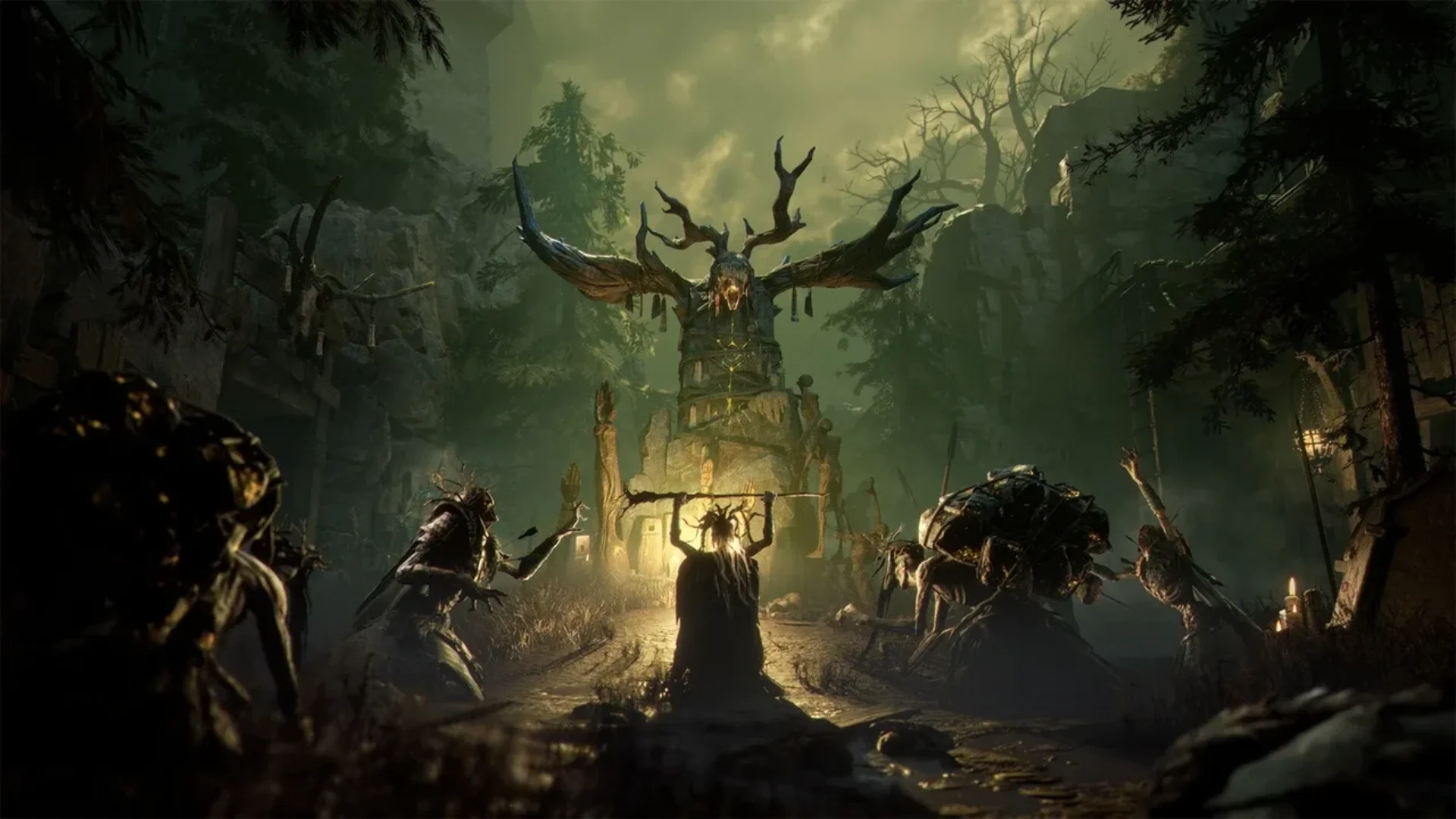 Hooded figures gather around a towering horned shrine in a dark Mistfall Hunter forest.
